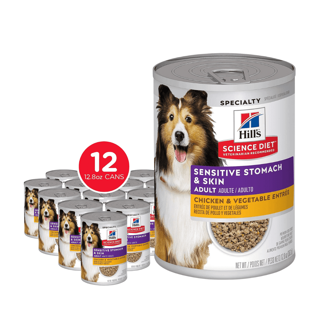 Hill's Science Diet Wet Dog Food, Adult, Sensitive Stomach & Skin, Chicken & Vegetable Entrée, 12.8 oz. Cans, 12-Pack - Wet Dog Food Hill's Science