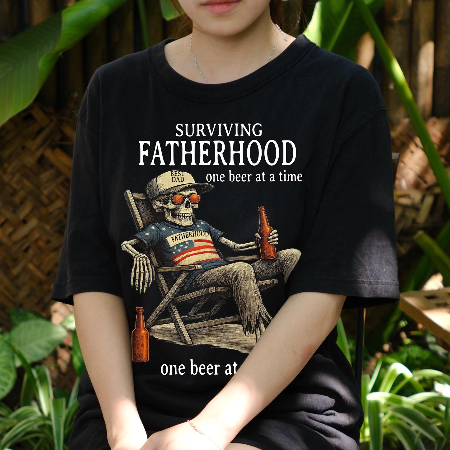 Surviving Fatherhood One Beer at a Time Shirt, Funny Dad Skeleton Tee, Patriotic Beer Lover Shirt, Best Dad Gift, 4th of July Dad Tee