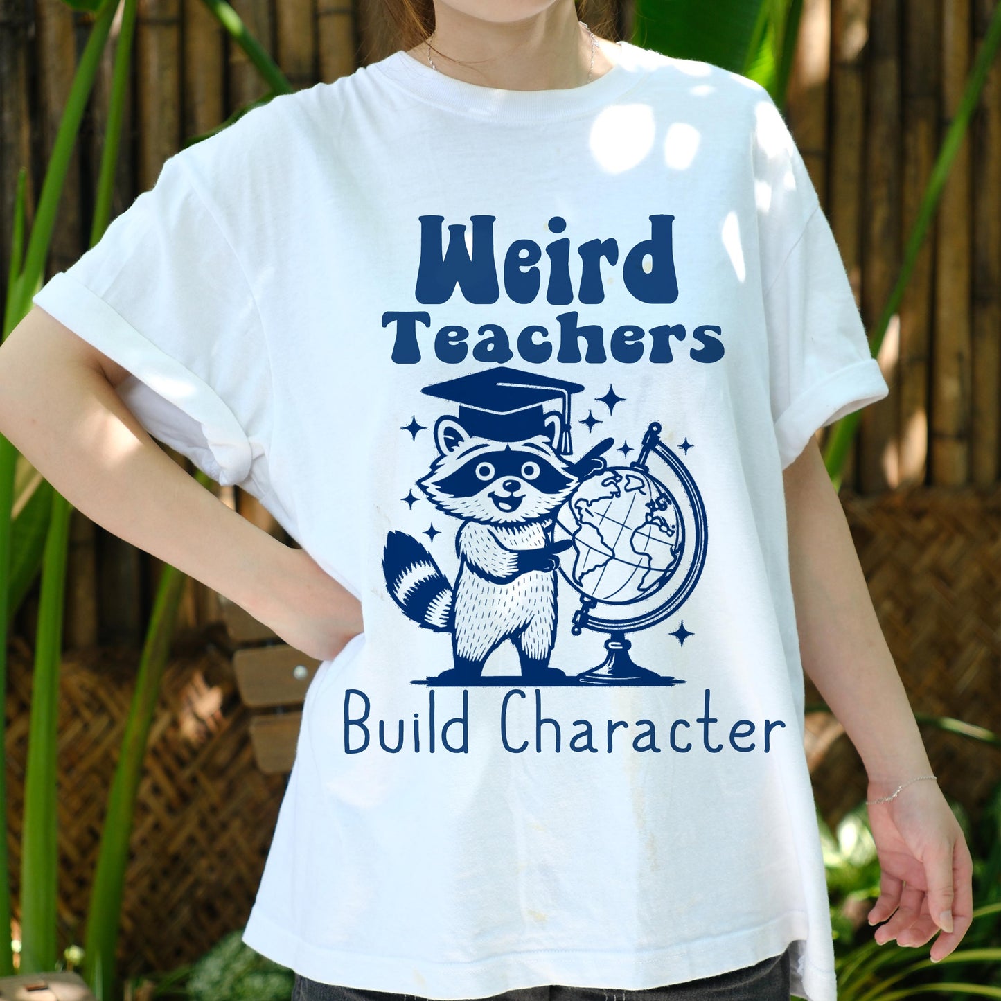 Weird Teachers Build Character Shirt, Funny Raccoon Teacher Tee, Back to School Gift, Cute Classroom Humor Shirt for Educators