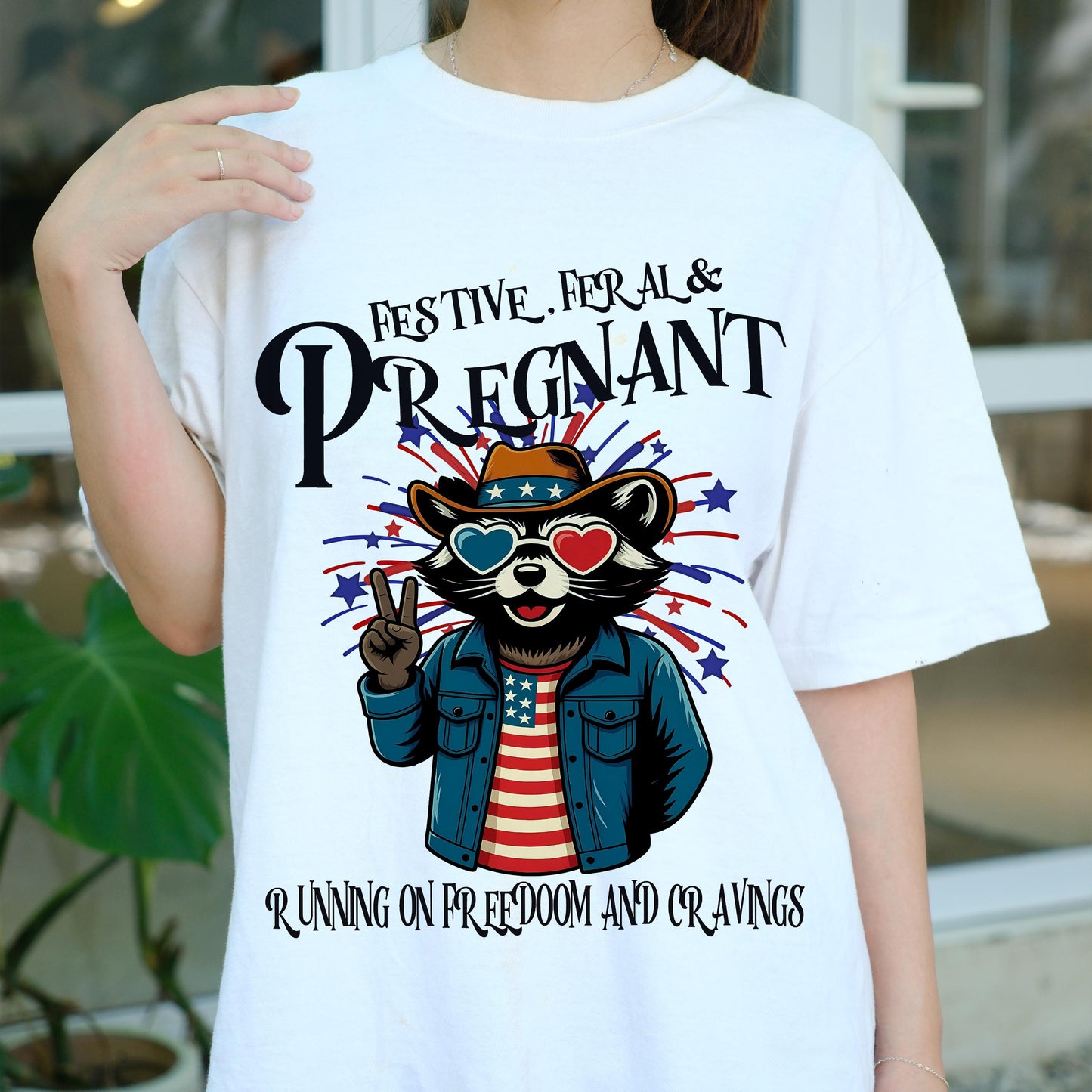 Festive Feral and Pregnant Shirt, Funny Patriotic Maternity Tee, 4th of July Pregnancy Shirt, Freedom and Cravings Raccoon T-Shirt