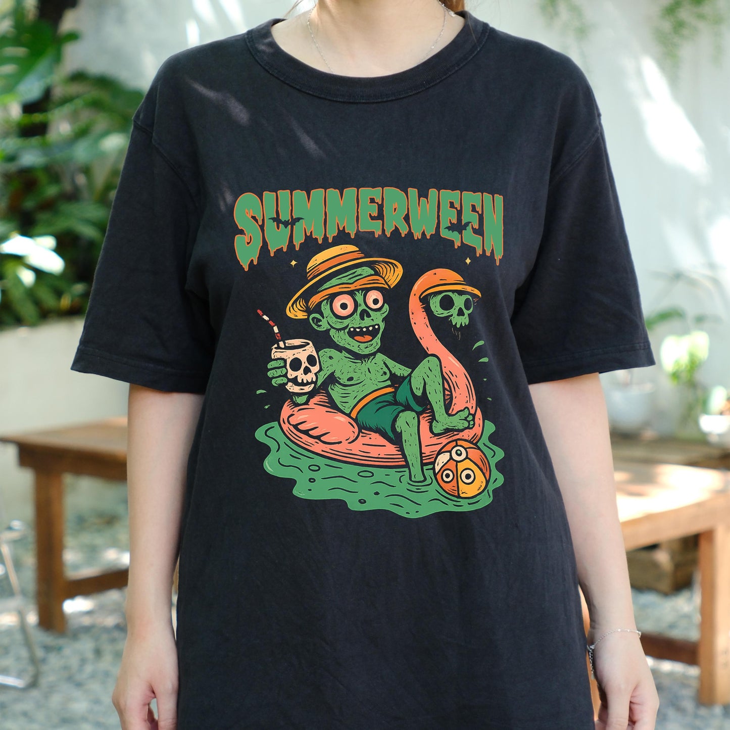 Summerween Shirt, Funny Halloween in Summer Tee, Zombie Pool Float T-Shirt, Spooky Beach Vibes Unisex Graphic Tee, Creepy Cute Top