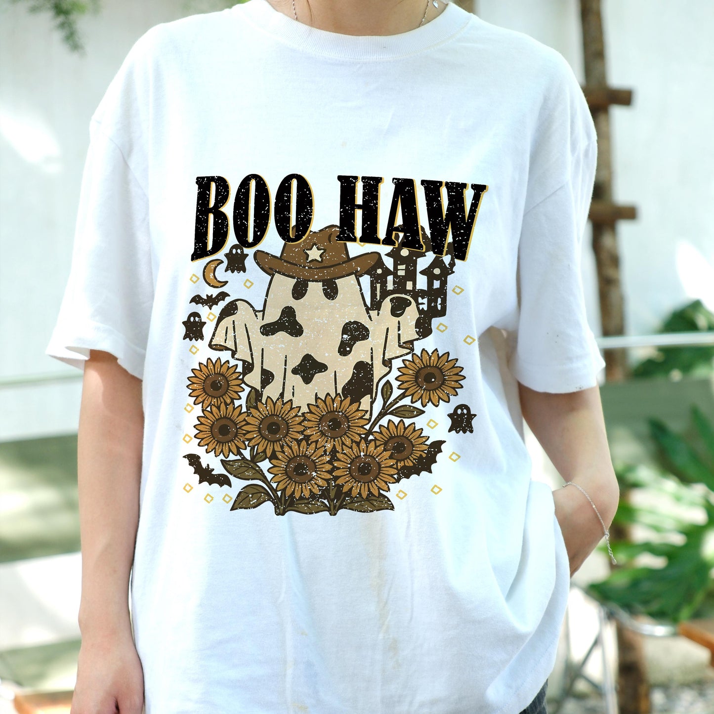 Boo Haw Shirt, Western Ghost Halloween Tee, Spooky Cow Print Ghost Shirt, Sunflower Fall Cowgirl T-Shirt, Retro Country Halloween Top