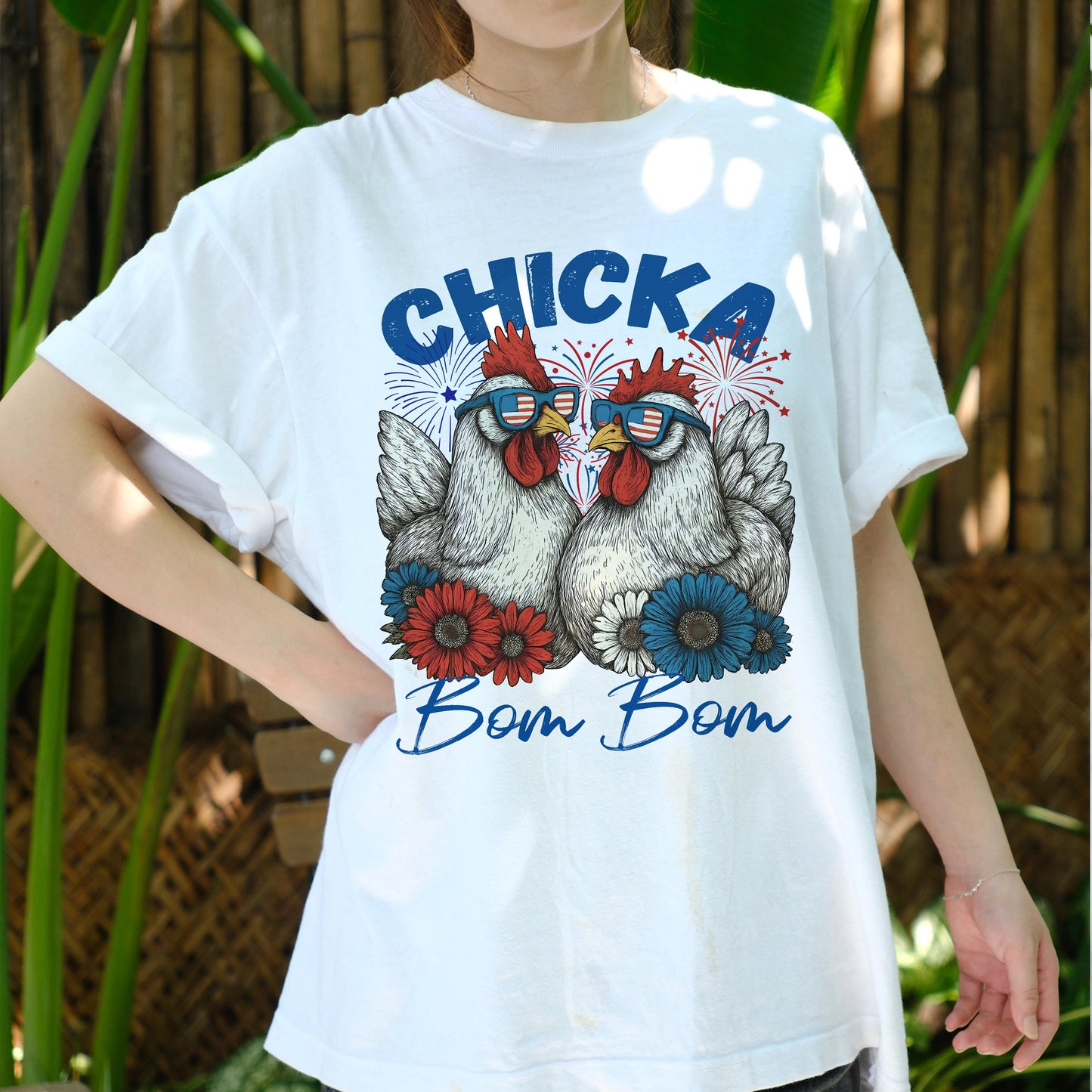 Chicka Bom Bom Chicken Shirt, Patriotic Chicken 4th of July Tee, Funny Farm Animal T-Shirt, USA Celebration Graphic Tee for Women Men