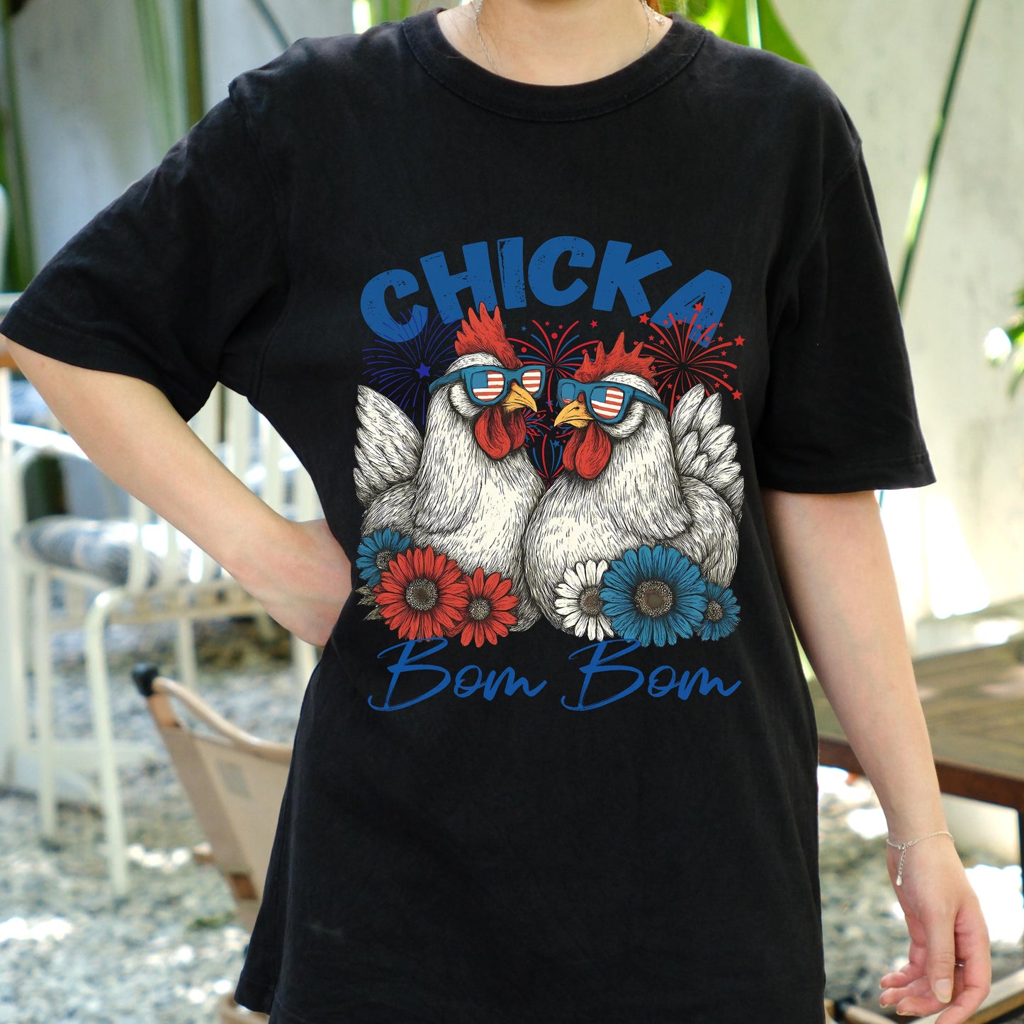 Chicka Bom Bom Chicken Shirt, Patriotic Chicken 4th of July Tee, Funny Farm Animal T-Shirt, USA Celebration Graphic Tee for Women Men
