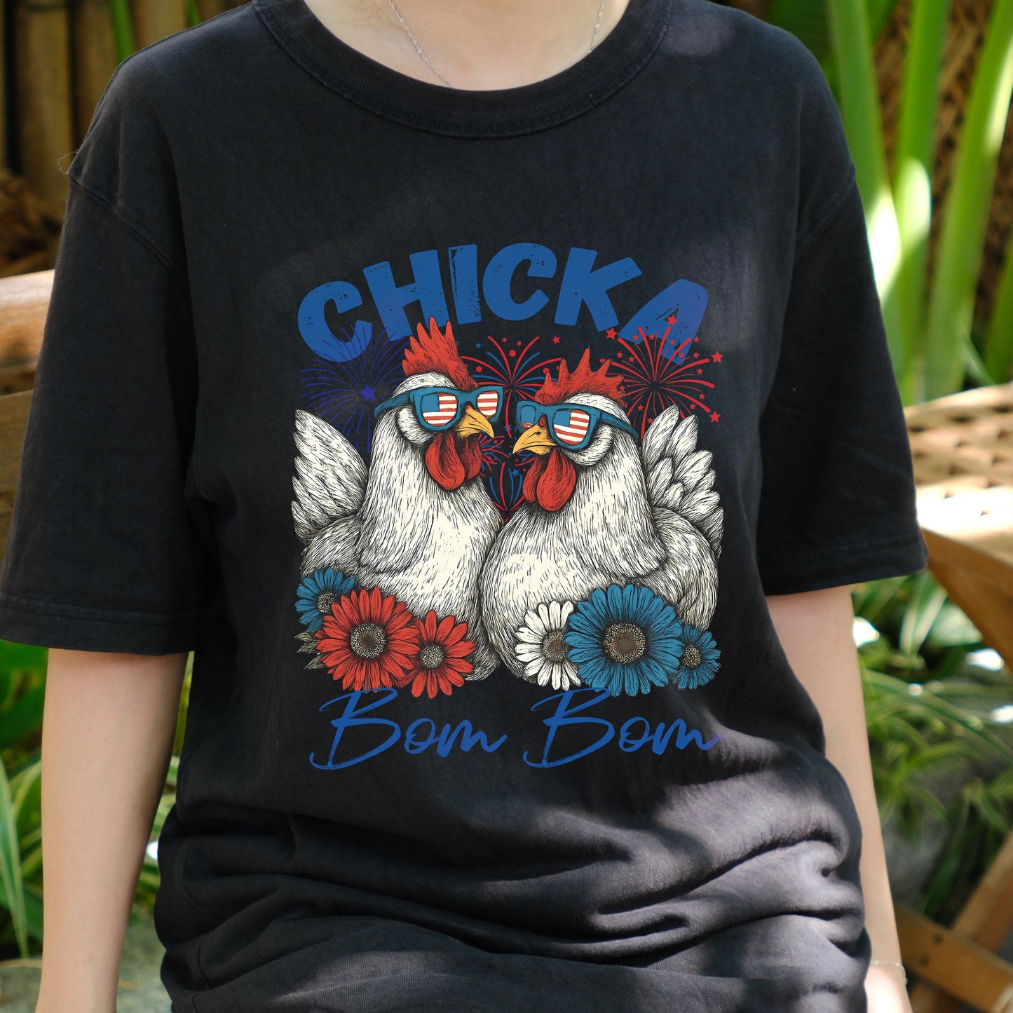 Chicka Bom Bom Chicken Shirt, Patriotic Chicken 4th of July Tee, Funny Farm Animal T-Shirt, USA Celebration Graphic Tee for Women Men