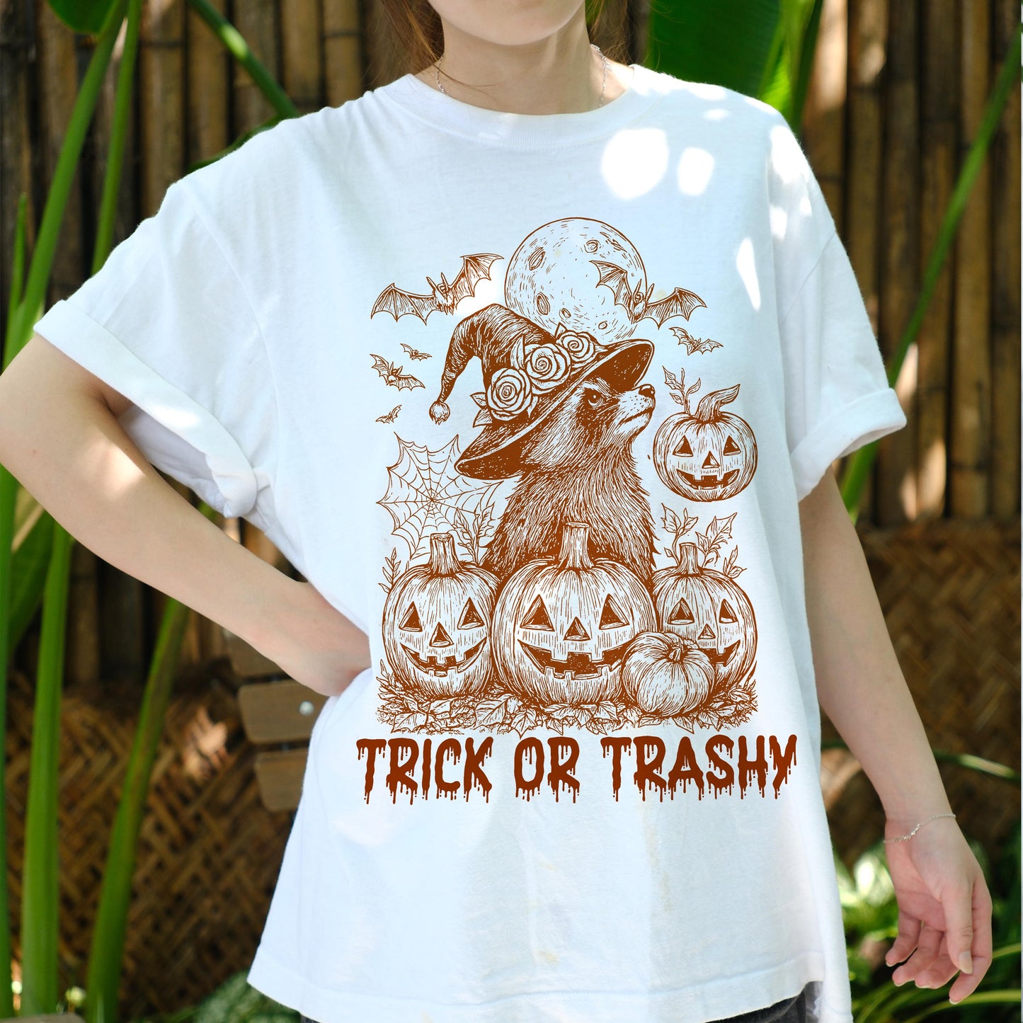 Trick or Trashy Raccoon Halloween Shirt, Funny Witch Pumpkin Tee, Spooky Trash Panda T-Shirt, Cute Fall Costume Party Gift Top