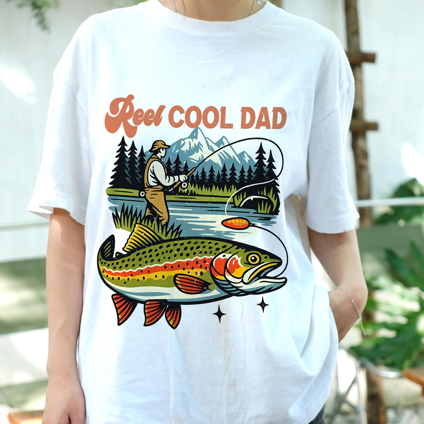 Reel Cool Dad Fishing Shirt, Funny Father's Day Gift for Dad, Trout Fisherman Tee, Outdoor Fisher Dad T-Shirt, Lake Fishing Apparel