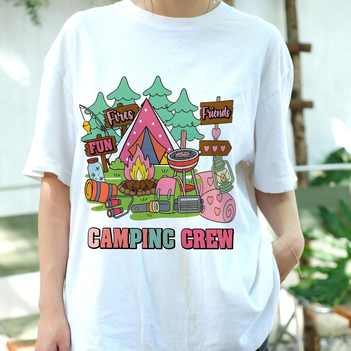 Camping Crew Shirt for Girls, Cute Tent Fire Lantern BBQ Camping T-Shirt, Friends Fun Camp Graphic Tee, Outdoors Summer Camp Shirt