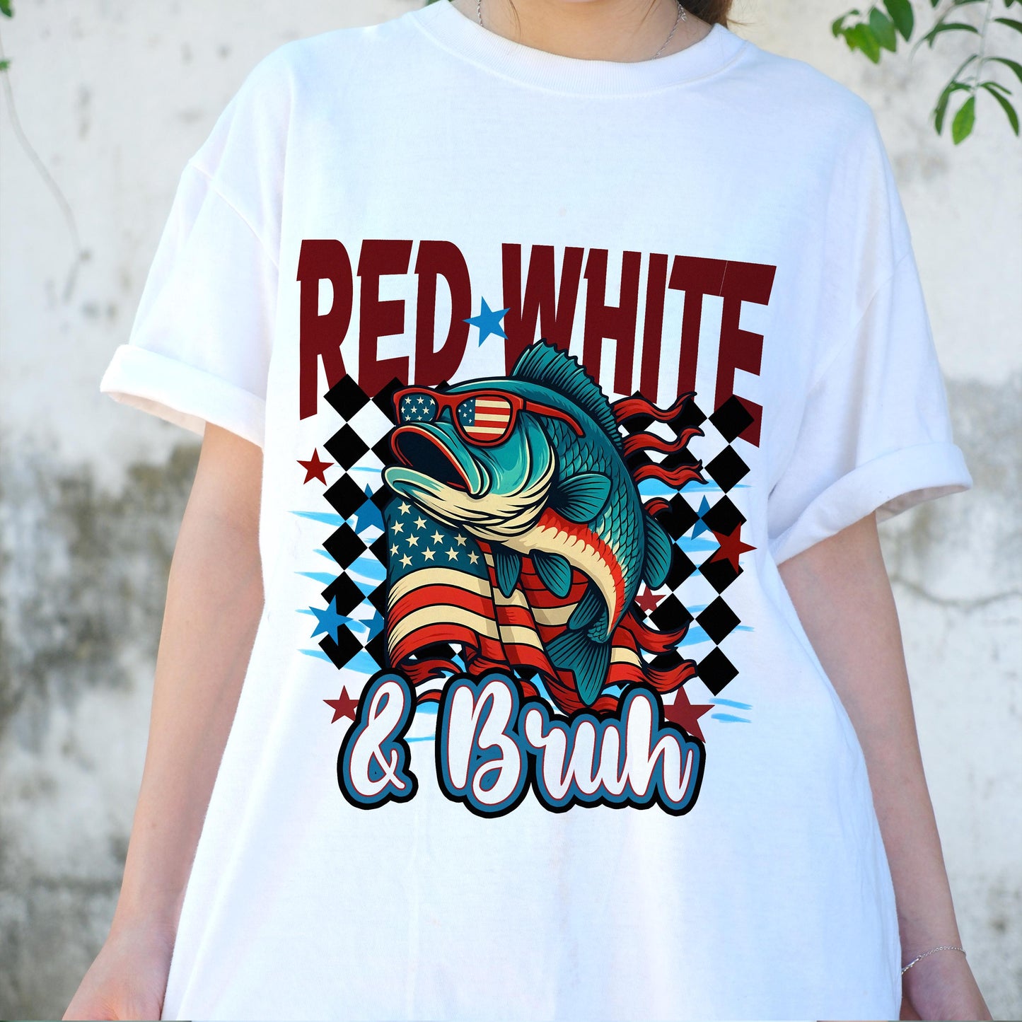 Red White & Bruh Fishing Shirt, 4th of July Patriotic Bass Tee, American Flag Sunglasses Fish Shirt, Funny USA Independence Day Gift