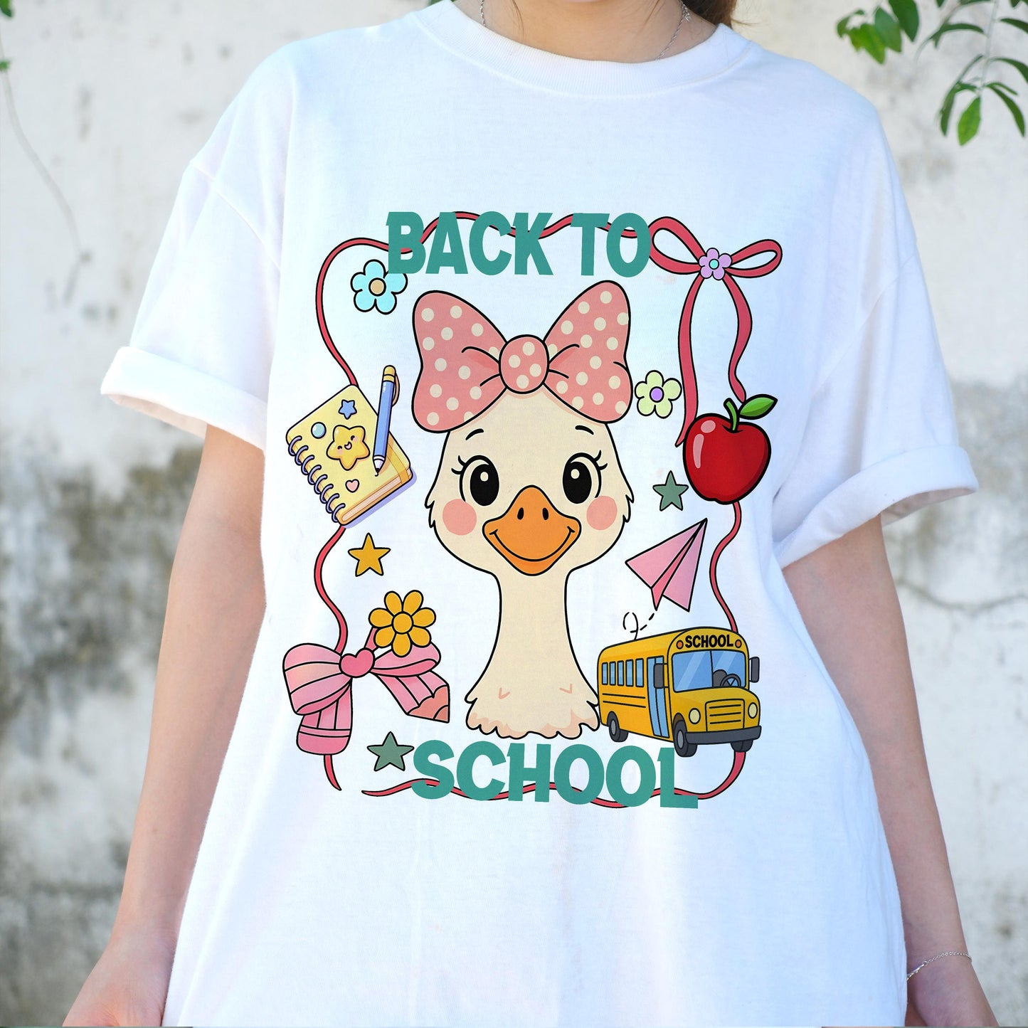 Cute Back to School Duck Shirt, Kawaii Pink Bow Goose Tee for Girls, Teacher Student First Day Shirt, Kids School Bus Graphic T-shirt