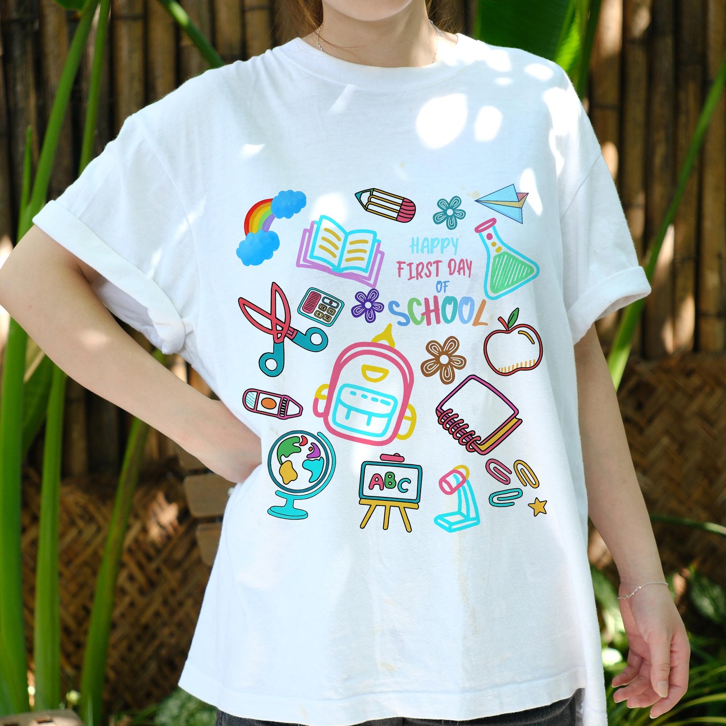Happy First Day of School Shirt, Back to School Tee with Cute School Supplies Graphic, Teacher Student Gift, Kids Classroom T-Shirt