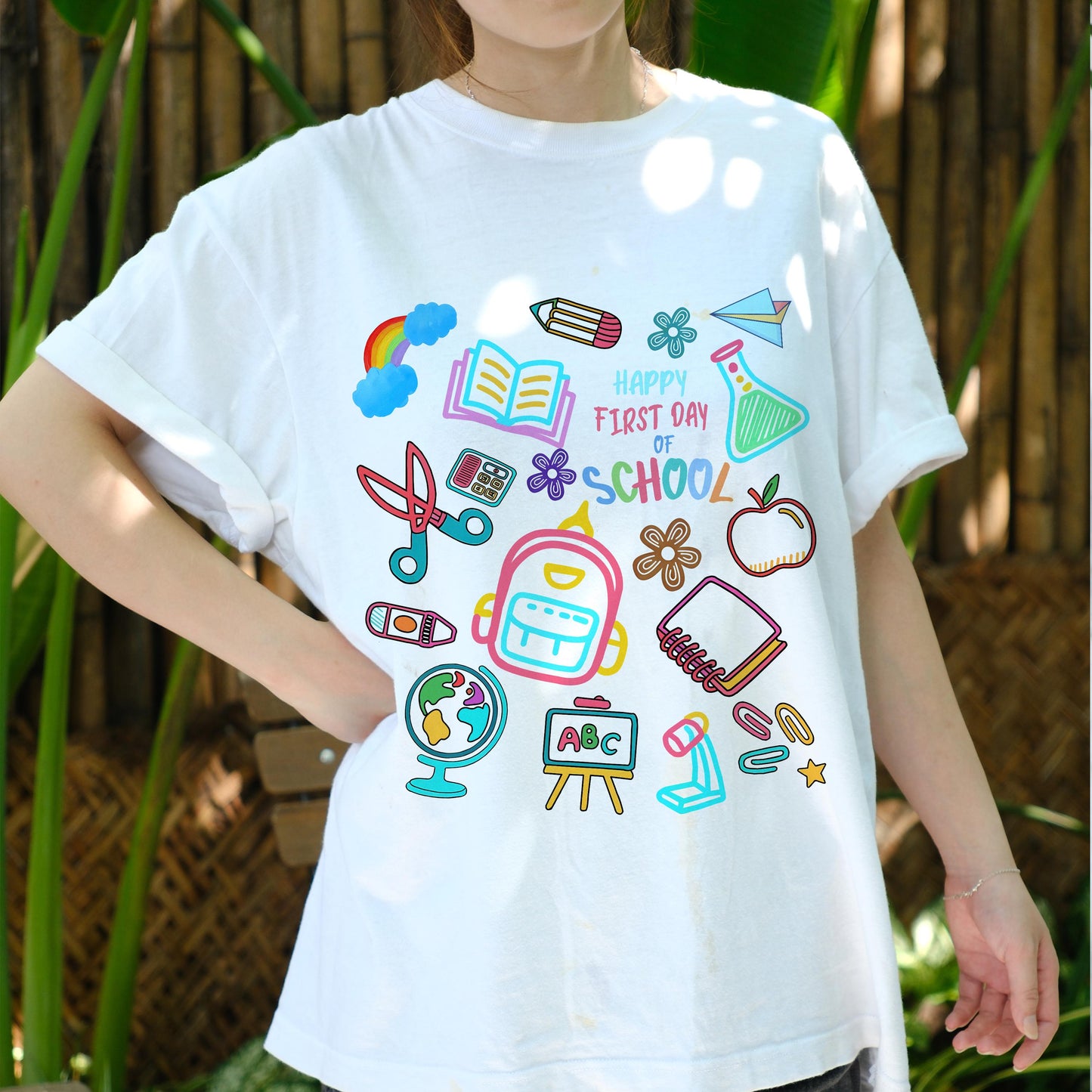 Happy First Day of School Shirt, Back to School Tee with Cute School Supplies Graphic, Teacher Student Gift, Kids Classroom T-Shirt