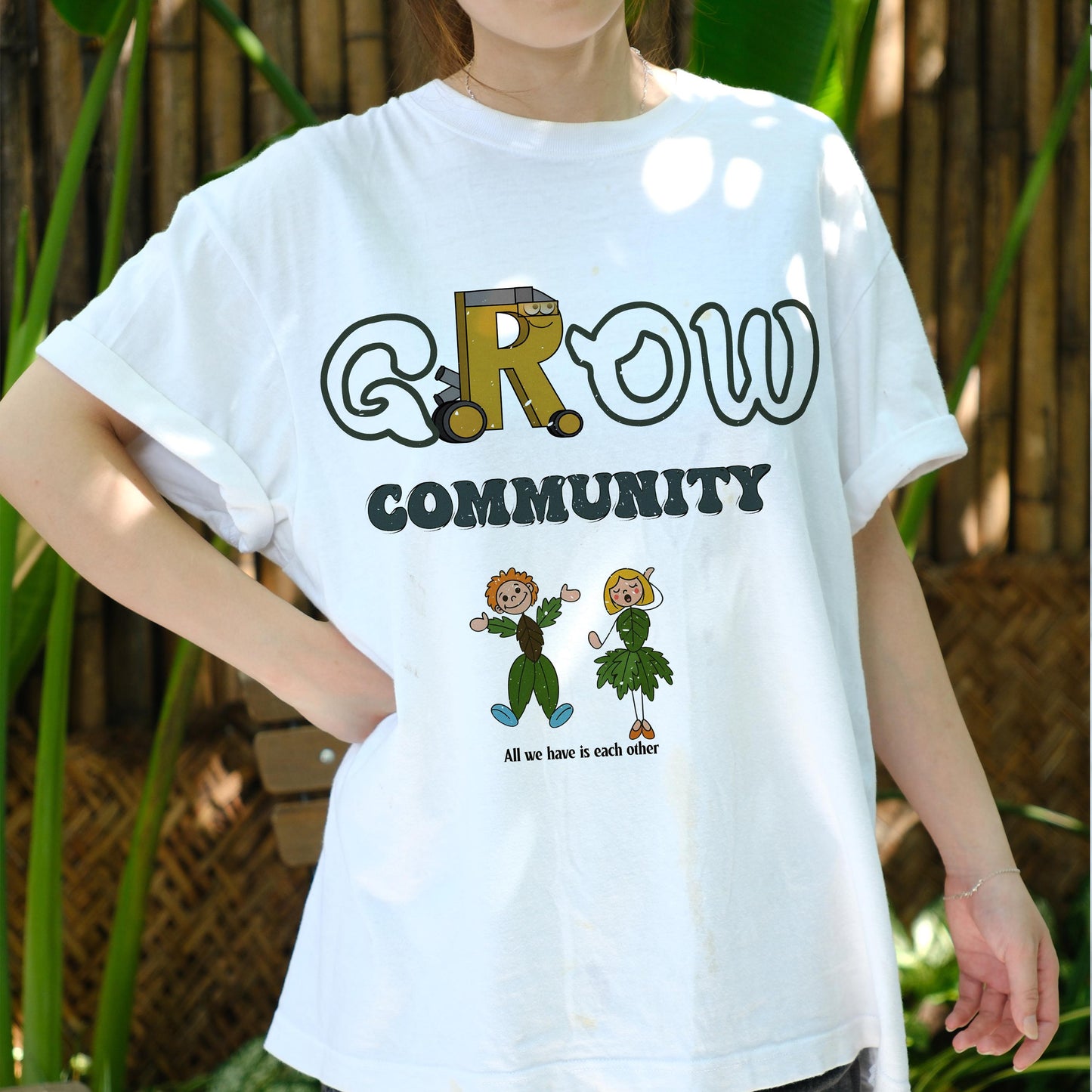 GROW Community Shirt, Cute Eco Friendly Graphic Tee, Nature Lovers T-Shirt, Sustainable Living Message Shirt, Plant People Cartoon Tee