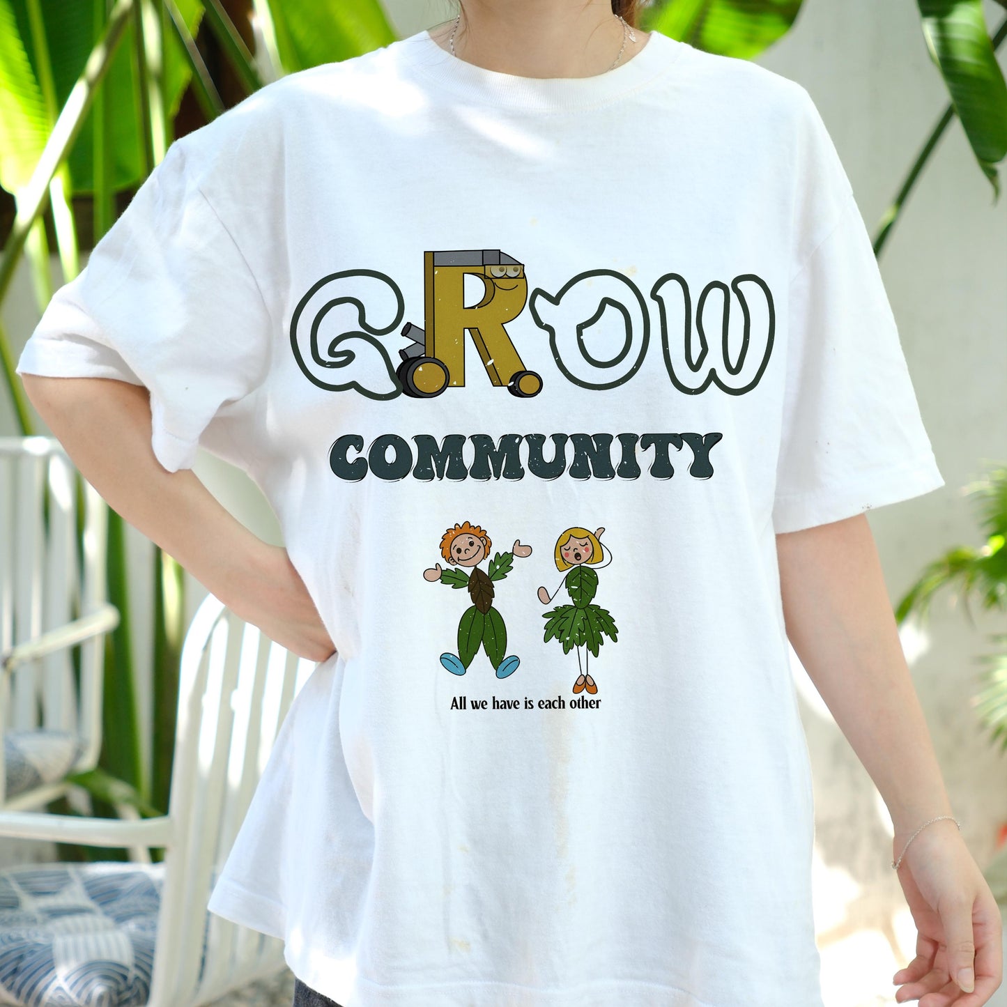 GROW Community Shirt, Cute Eco Friendly Graphic Tee, Nature Lovers T-Shirt, Sustainable Living Message Shirt, Plant People Cartoon Tee