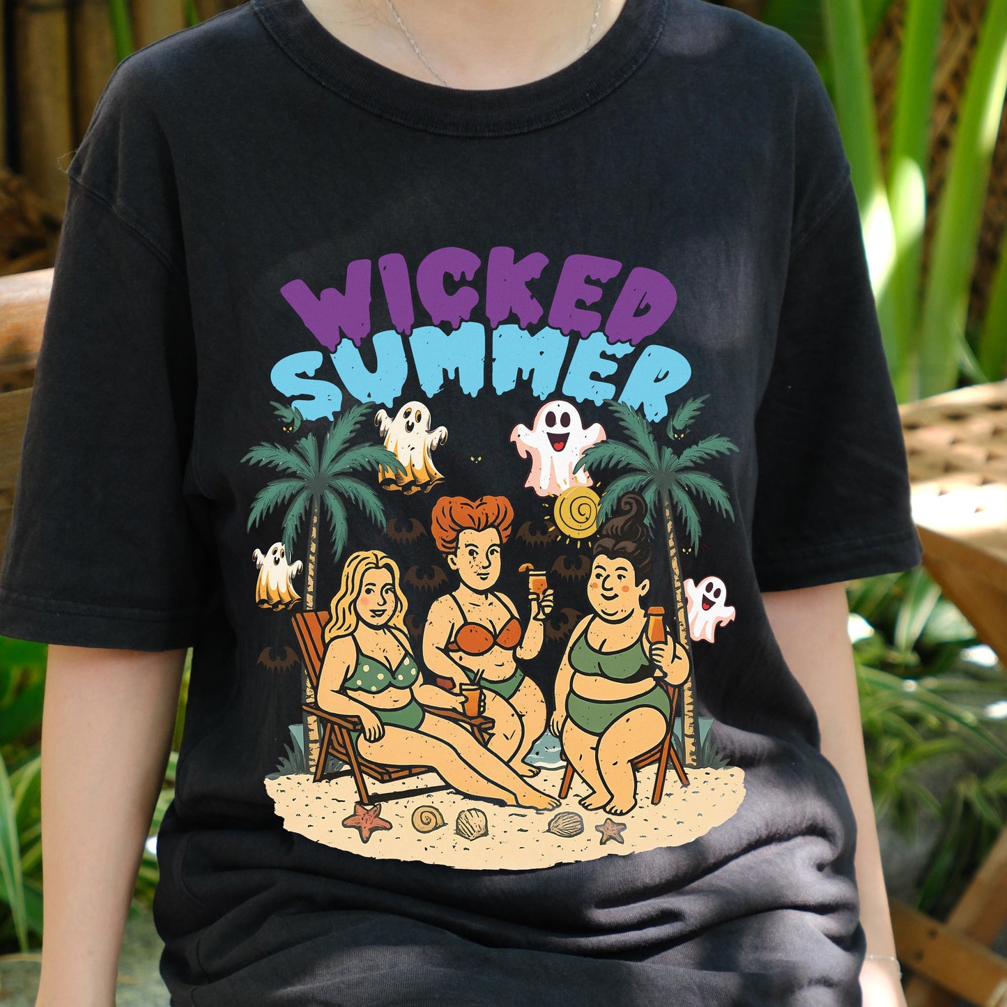 Wicked Summer Shirt, Funny Halloween Beach Tee, Plus Size Witchy Swimsuit Shirt, Spooky Cute Summer T-Shirt, Retro Witch Friends Tee