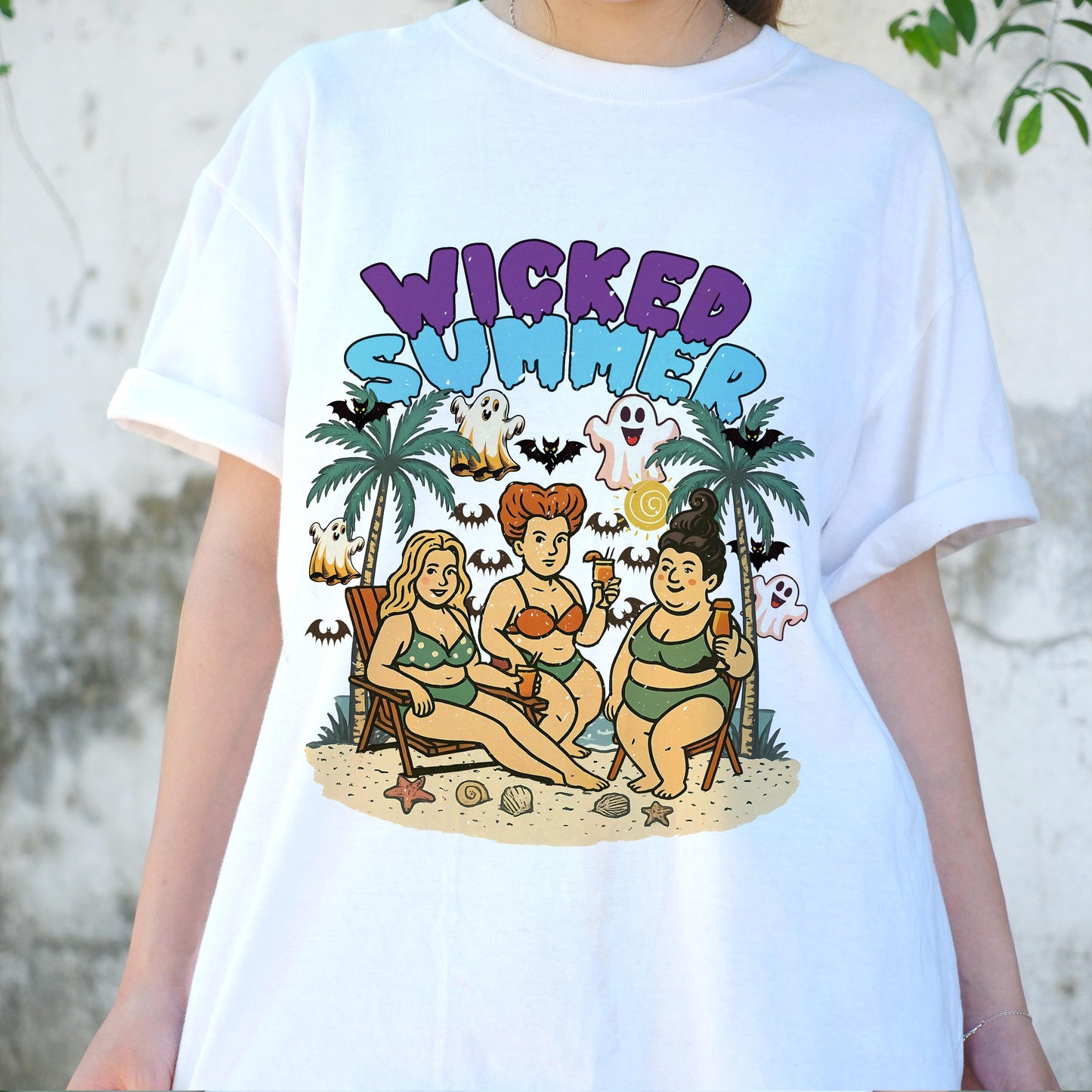 Wicked Summer Shirt, Funny Halloween Beach Tee, Plus Size Witchy Swimsuit Shirt, Spooky Cute Summer T-Shirt, Retro Witch Friends Tee