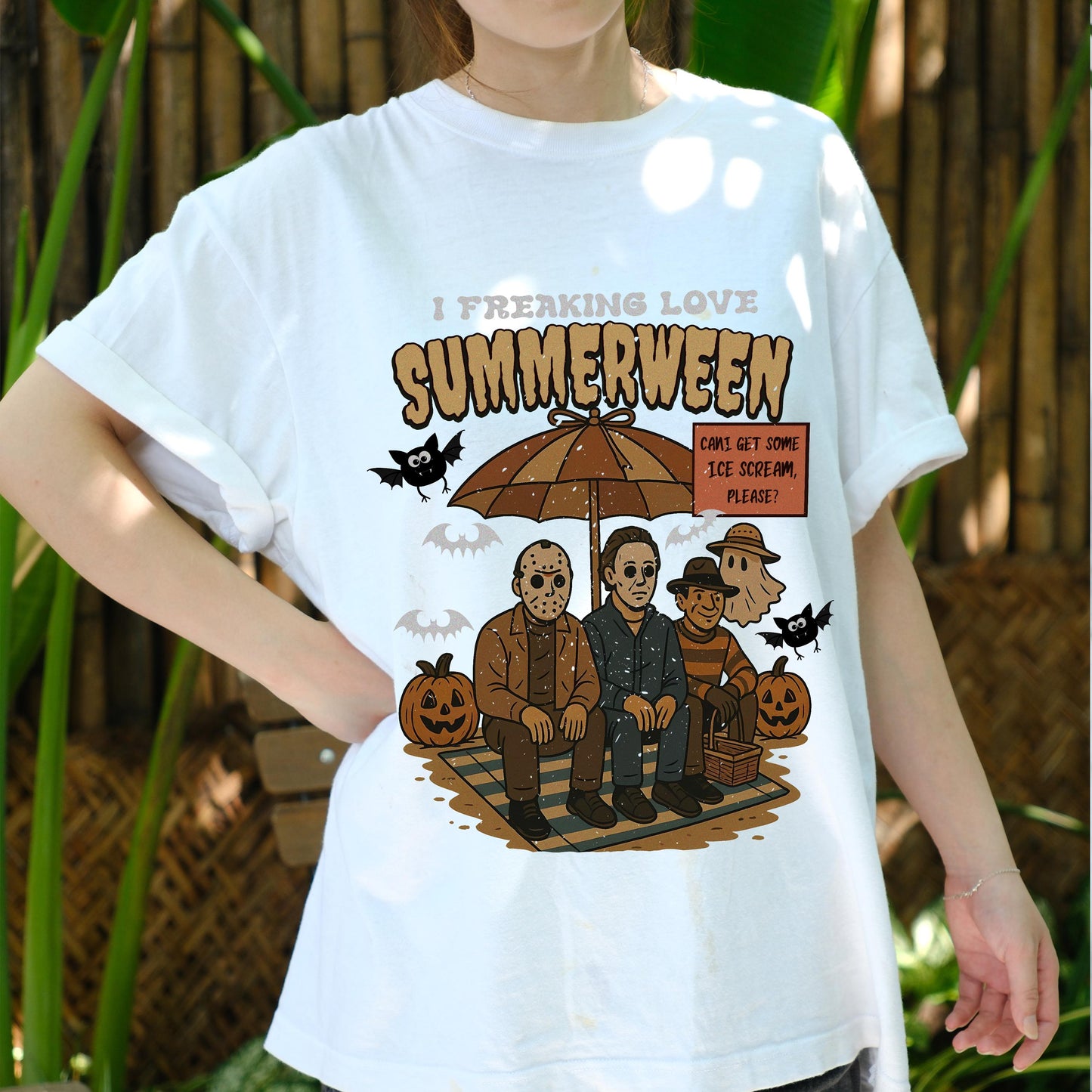 I Freaking Love Summerween Shirt, Funny Horror Character Tee, Halloween in Summer T-Shirt, Retro Slasher Ice Cream Shirt, Spooky Beach Tee