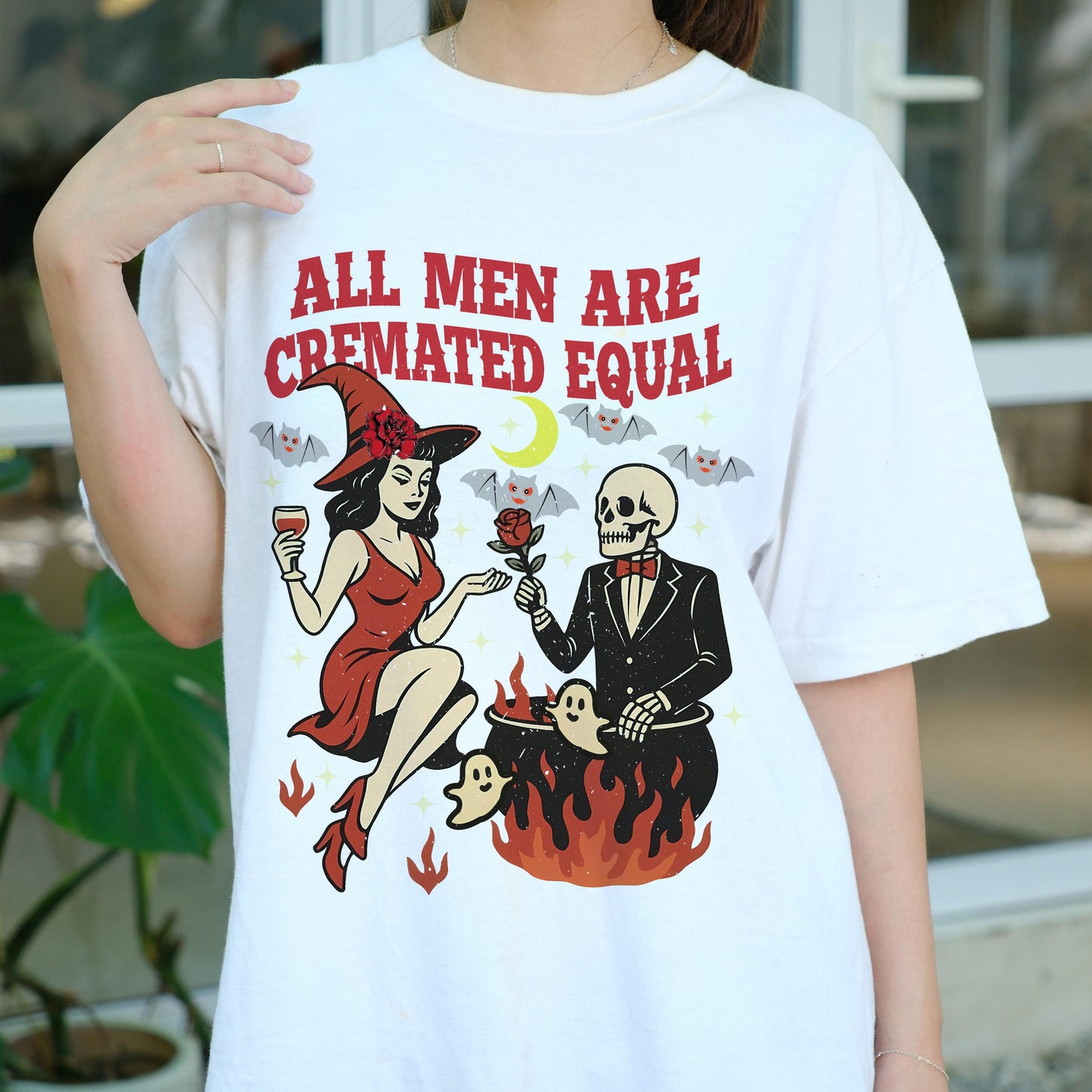 All Men Are Cremated Equal Shirt, Witchy Feminist Dark Humor Tee, Halloween Retro Skeleton T-Shirt, Funny Spooky Girl Power Graphic Tee