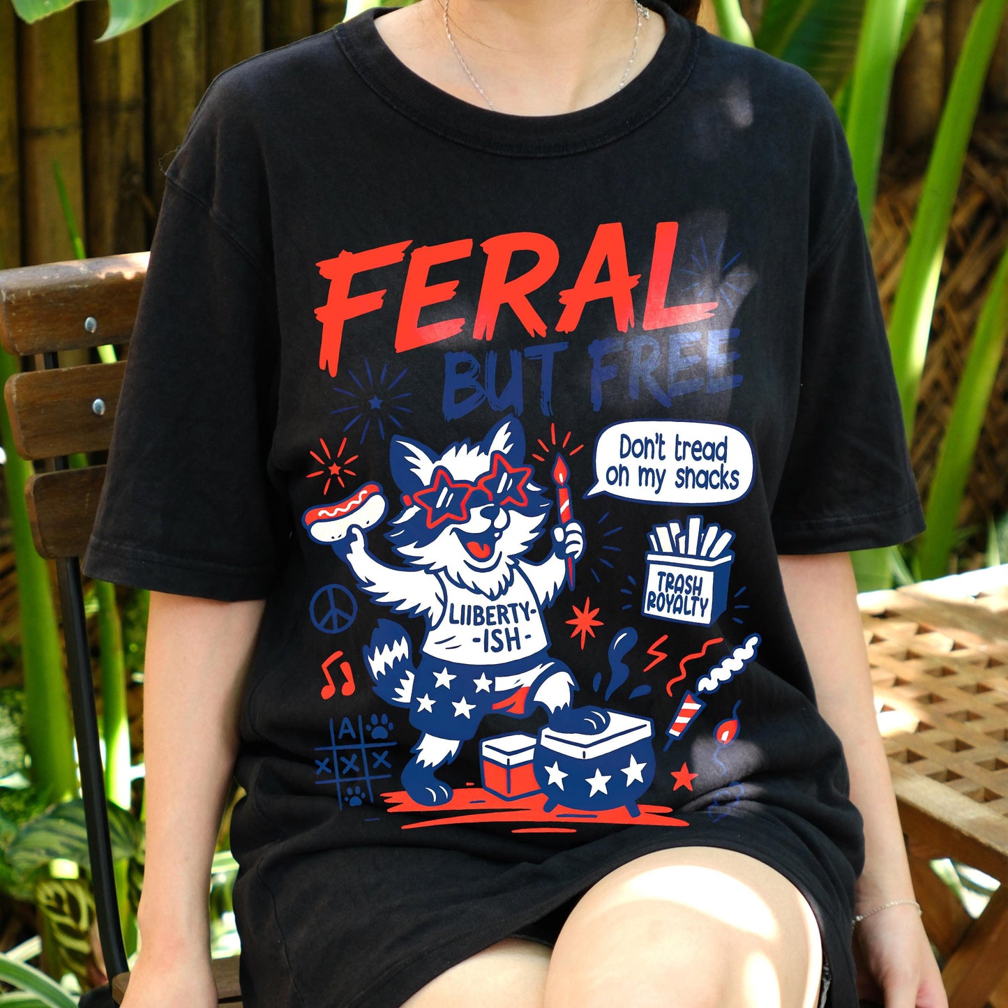 Feral But Free Raccoon Shirt, Funny 4th of July Tee, Patriotic Animal Graphic T-Shirt, Liberty-ish USA Meme Shirt, Independence Day Outfit