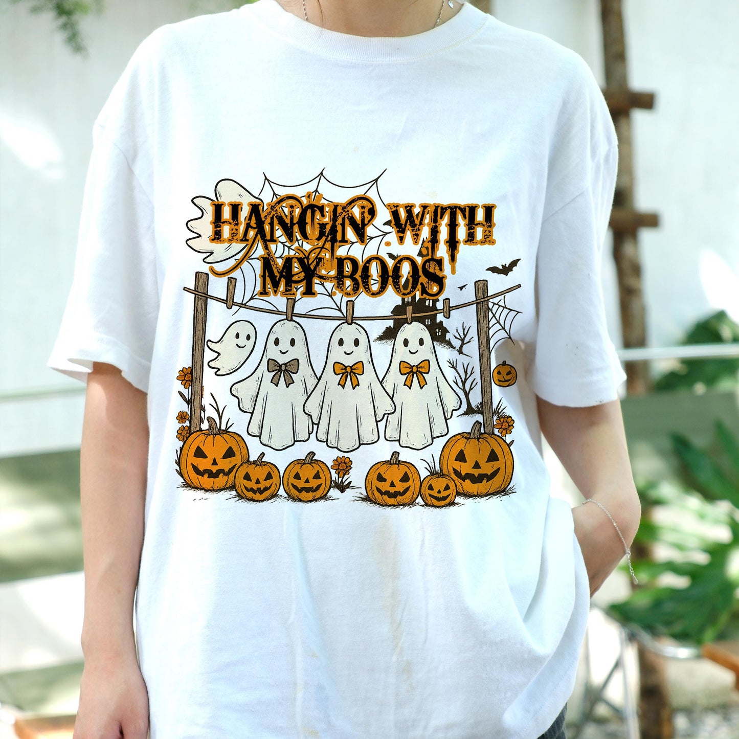 Hangin' With My Boos Shirt, Cute Ghost Friends Halloween Tee, Funny Spooky Season T-Shirt, Pumpkin Ghost Group Top, Fall Party Outfit