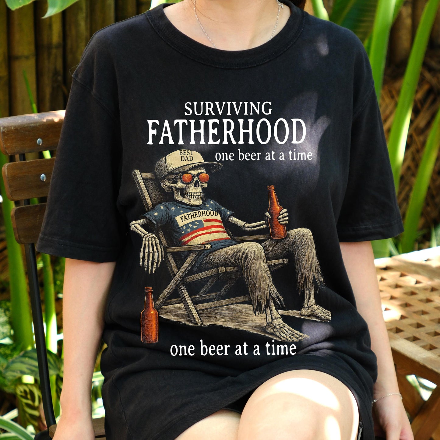 Surviving Fatherhood One Beer at a Time Shirt, Funny Dad Skeleton Tee, Patriotic Beer Lover Shirt, Best Dad Gift, 4th of July Dad Tee