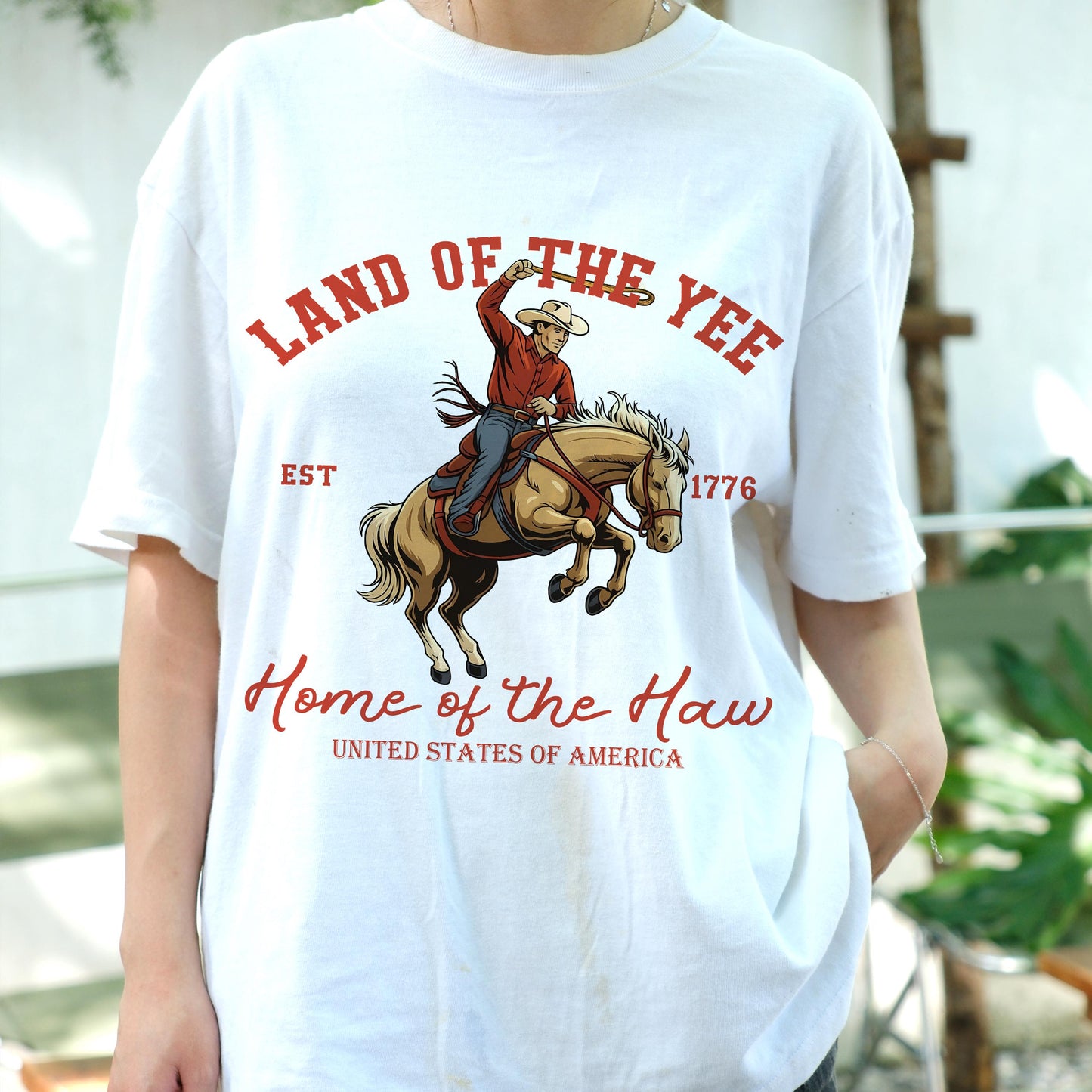 Land of the Yee Home of the Haw Shirt, Funny Cowboy USA Tee, 4th of July Western T-Shirt, Patriotic Rodeo Shirt, Country Style Gift
