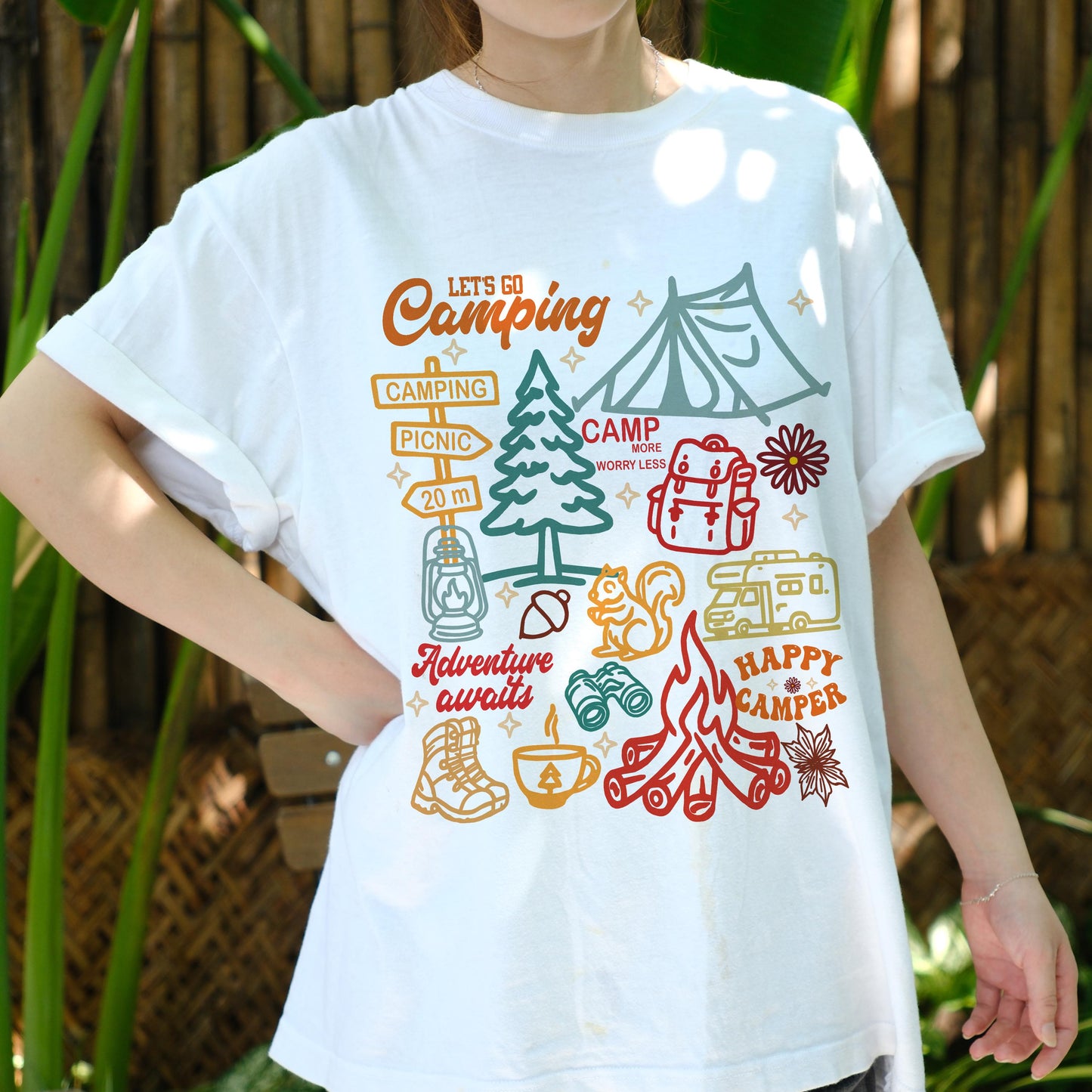 Let’s Go Camping Shirt, Adventure Awaits Tee, Happy Camper T-Shirt, Outdoor Hiking Top, RV Camper Gift, Camping Graphic Tee