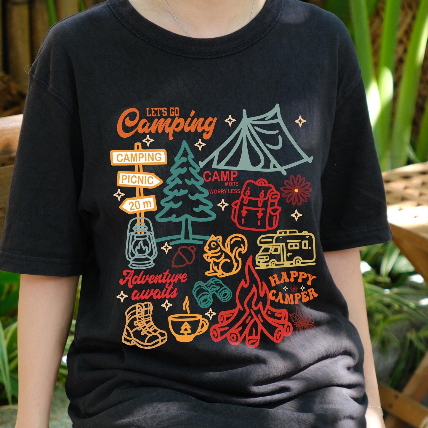 Let’s Go Camping Shirt, Adventure Awaits Tee, Happy Camper T-Shirt, Outdoor Hiking Top, RV Camper Gift, Camping Graphic Tee