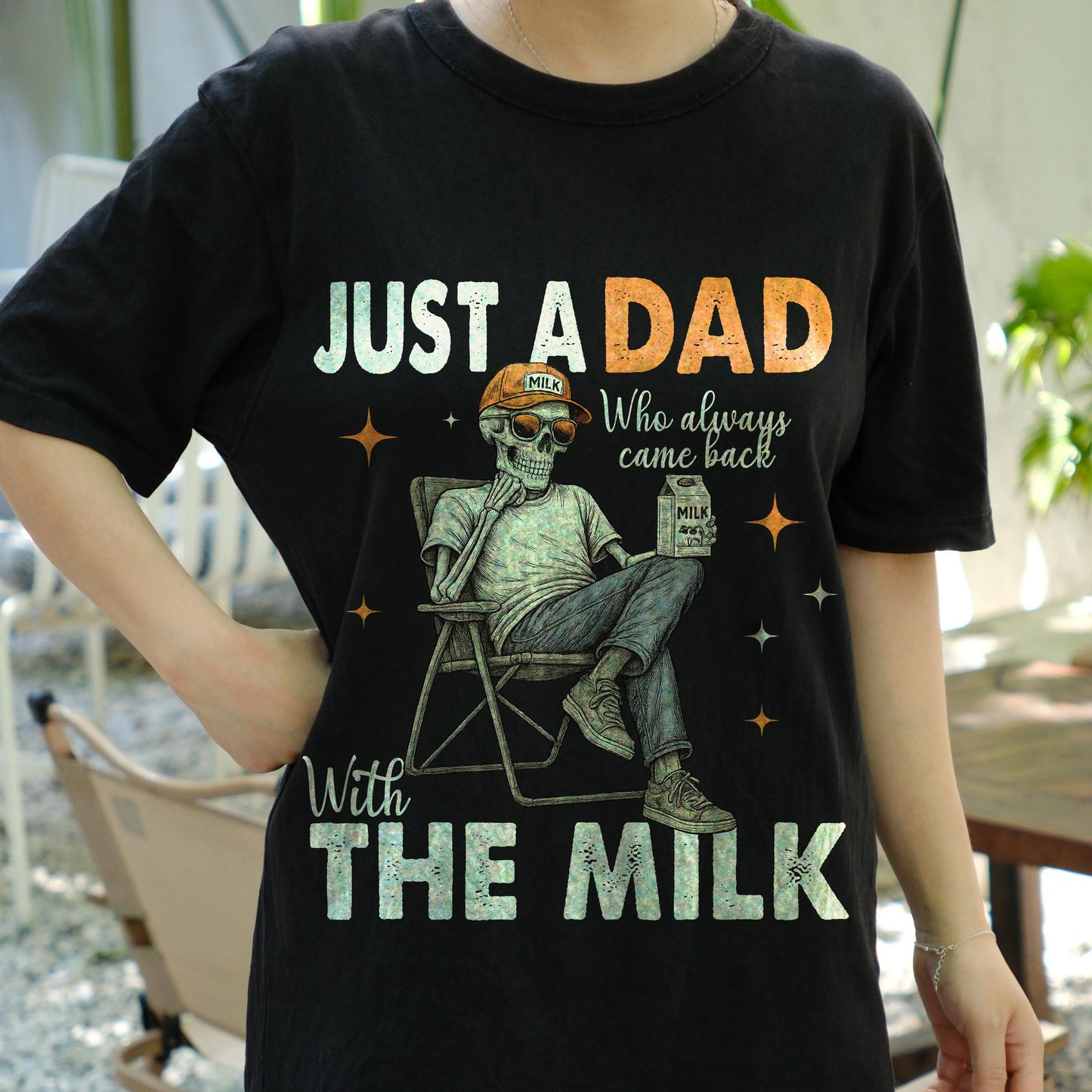 Just a Dad Who Came Back With the Milk Shirt, Funny Skeleton Dad Tee, Father’s Day Humor T-Shirt, Cool Retro Dad Joke Gift Idea