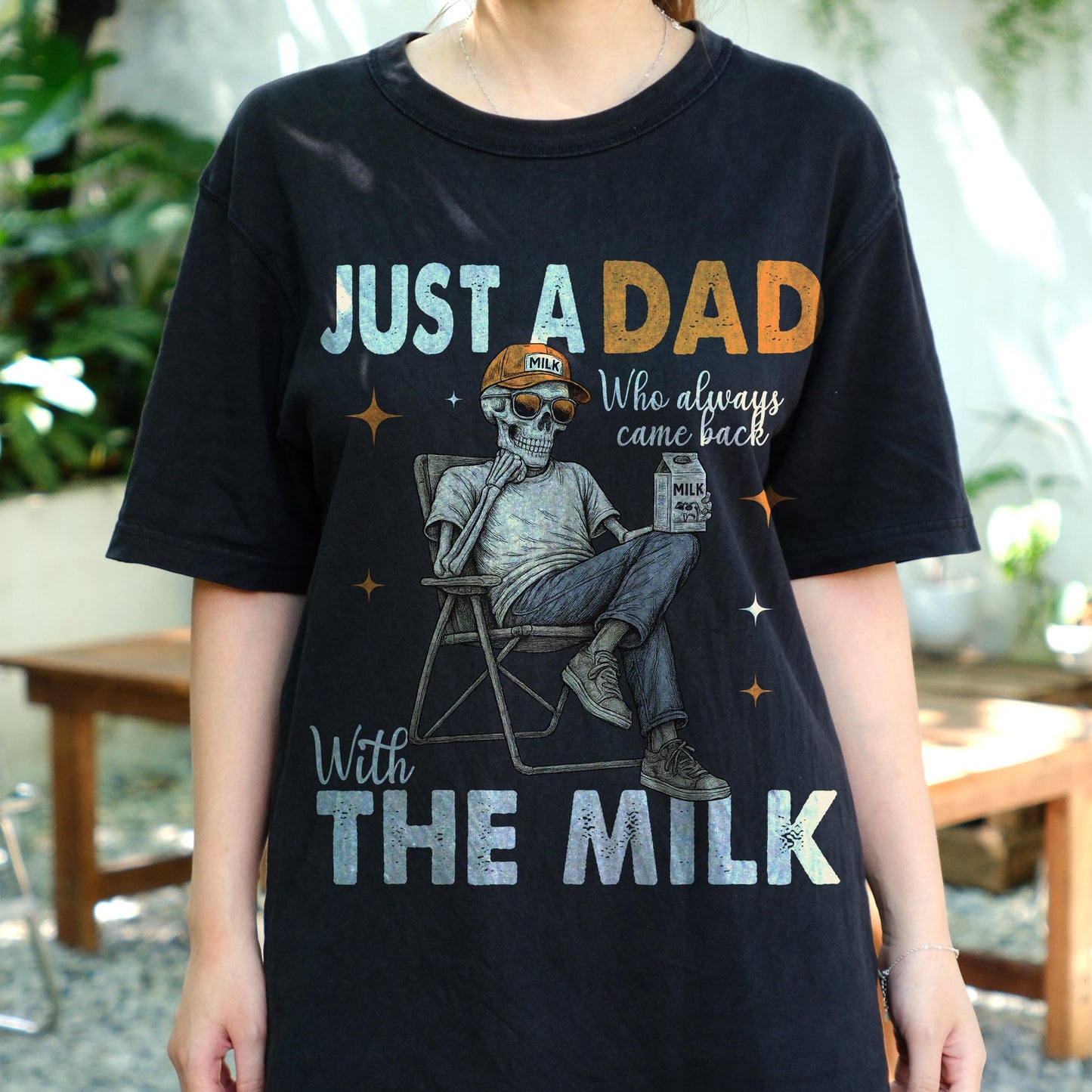 Just a Dad Who Came Back With the Milk Shirt, Funny Skeleton Dad Tee, Father’s Day Humor T-Shirt, Cool Retro Dad Joke Gift Idea