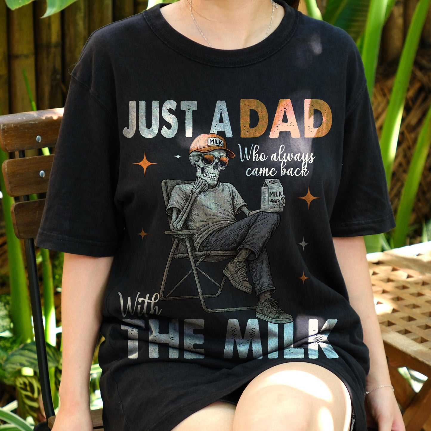 Just a Dad Who Came Back With the Milk Shirt, Funny Skeleton Dad Tee, Father’s Day Humor T-Shirt, Cool Retro Dad Joke Gift Idea