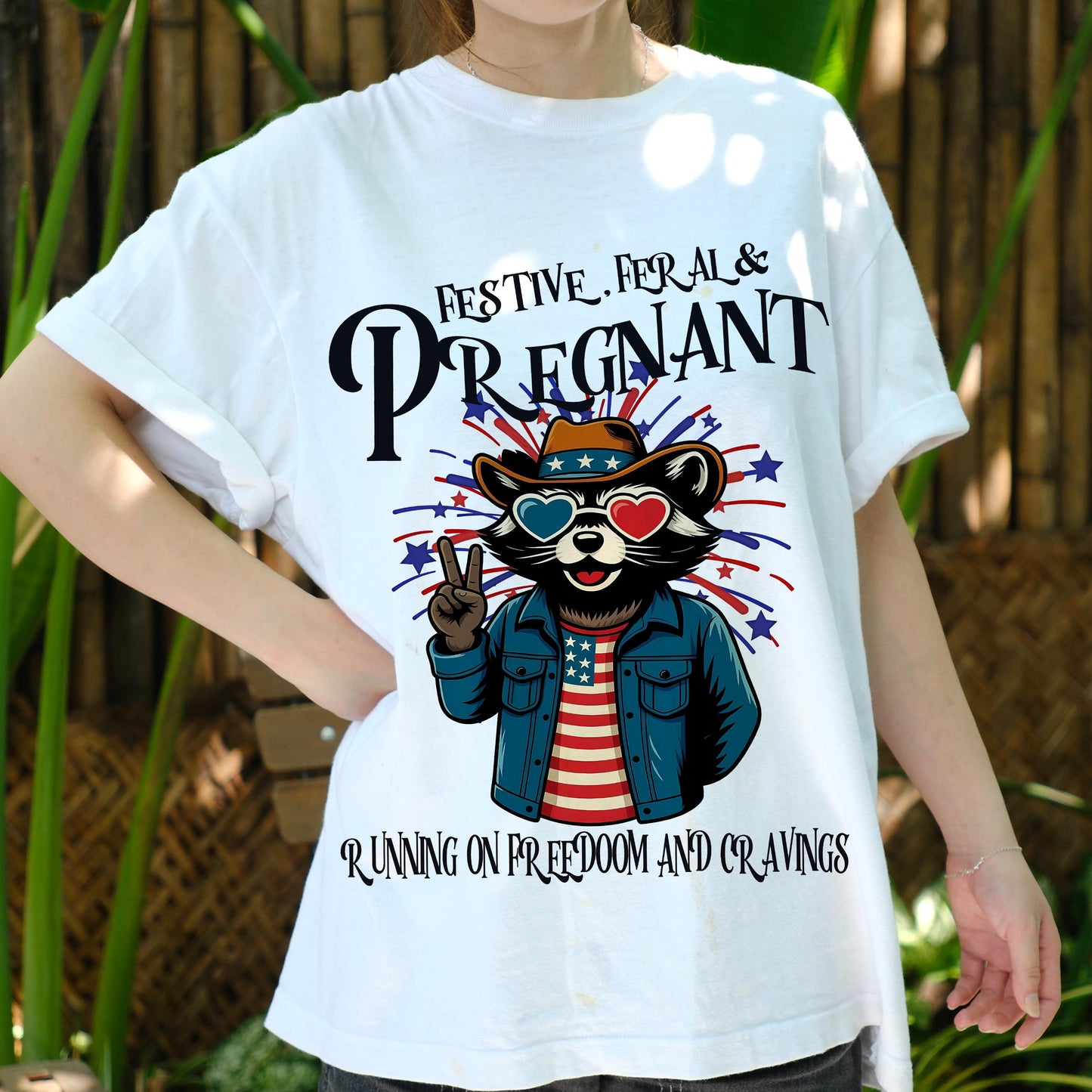 Festive Feral and Pregnant Shirt, Funny Patriotic Maternity Tee, 4th of July Pregnancy Shirt, Freedom and Cravings Raccoon T-Shirt