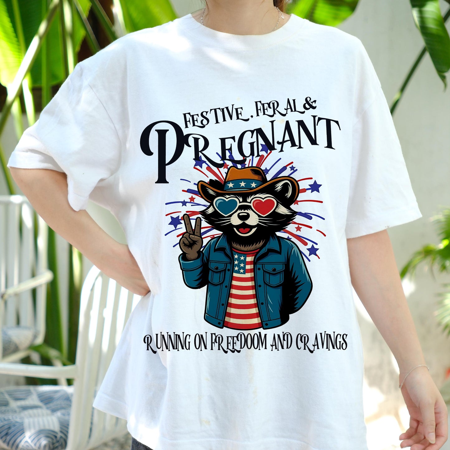 Festive Feral and Pregnant Shirt, Funny Patriotic Maternity Tee, 4th of July Pregnancy Shirt, Freedom and Cravings Raccoon T-Shirt
