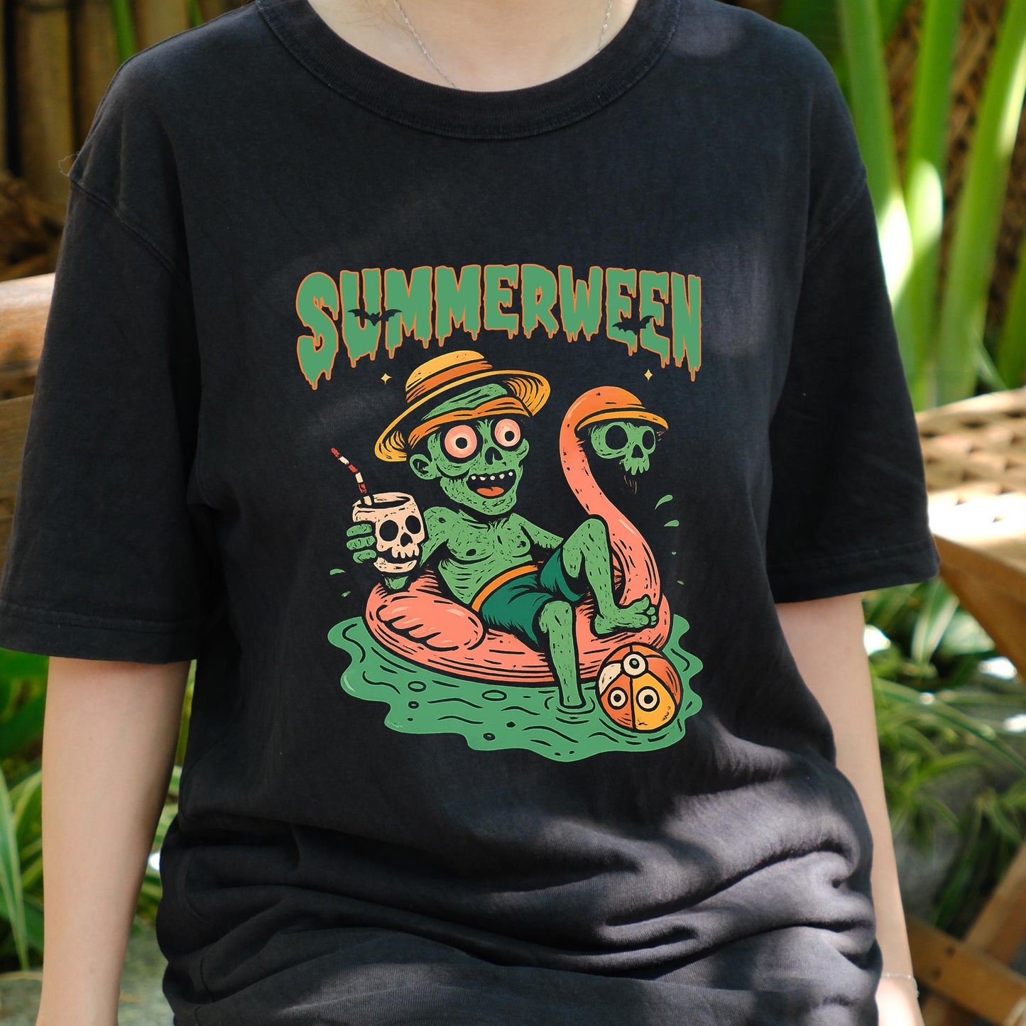 Summerween Shirt, Funny Halloween in Summer Tee, Zombie Pool Float T-Shirt, Spooky Beach Vibes Unisex Graphic Tee, Creepy Cute Top