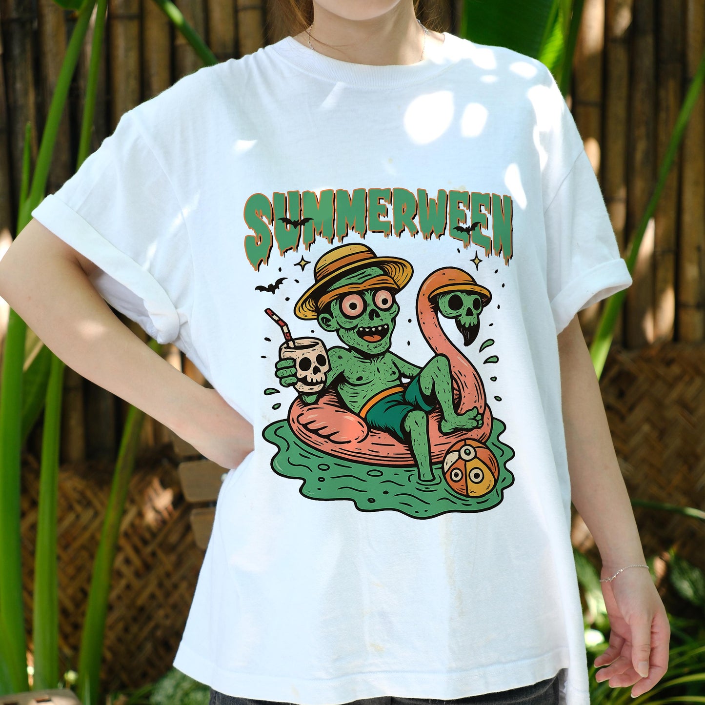 Summerween Shirt, Funny Halloween in Summer Tee, Zombie Pool Float T-Shirt, Spooky Beach Vibes Unisex Graphic Tee, Creepy Cute Top