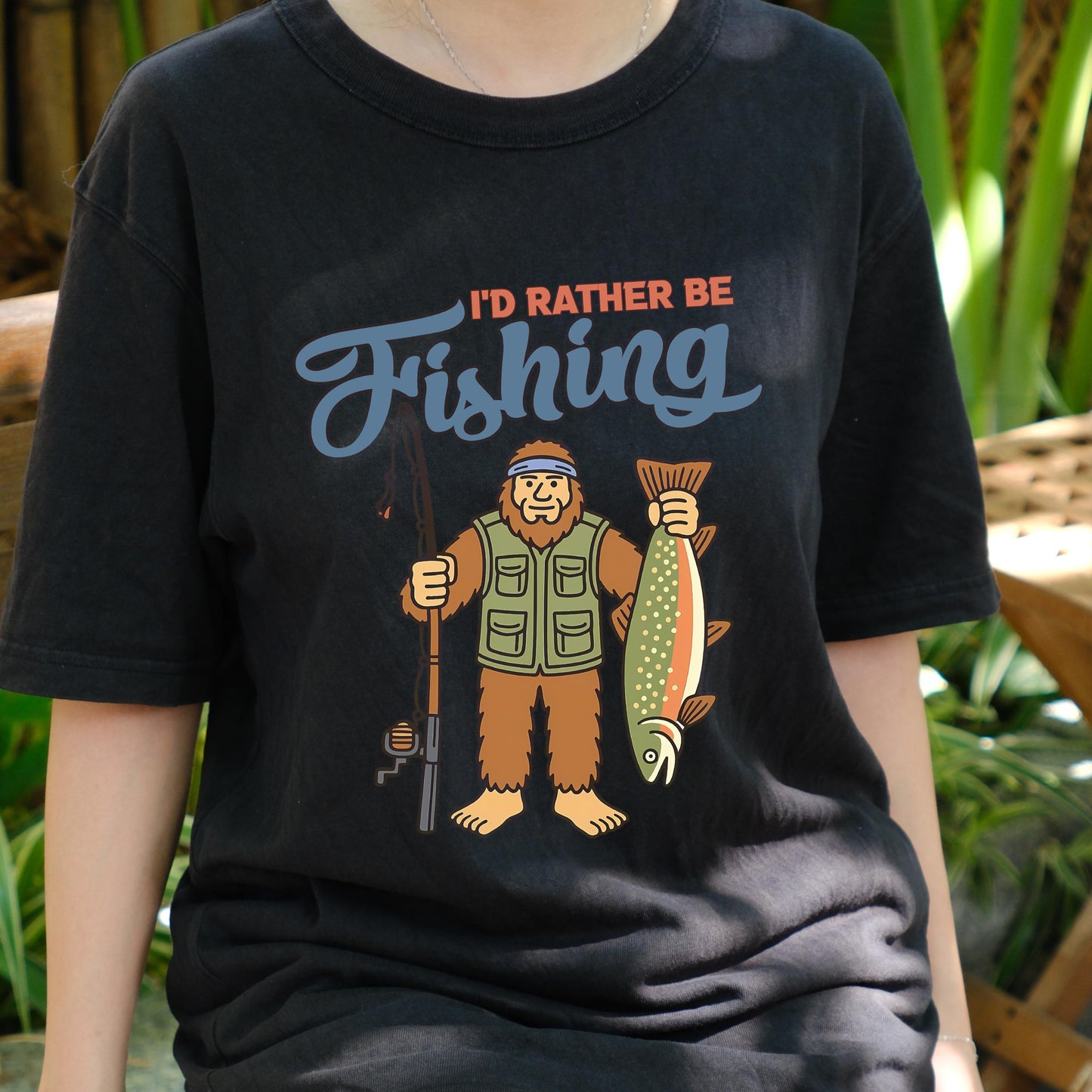 I'd Rather Be Fishing Bigfoot Shirt, Funny Fisherman Tee for Men, Sasquatch Holding Fish Graphic T-shirt, Outdoors Lake Fishing Gift