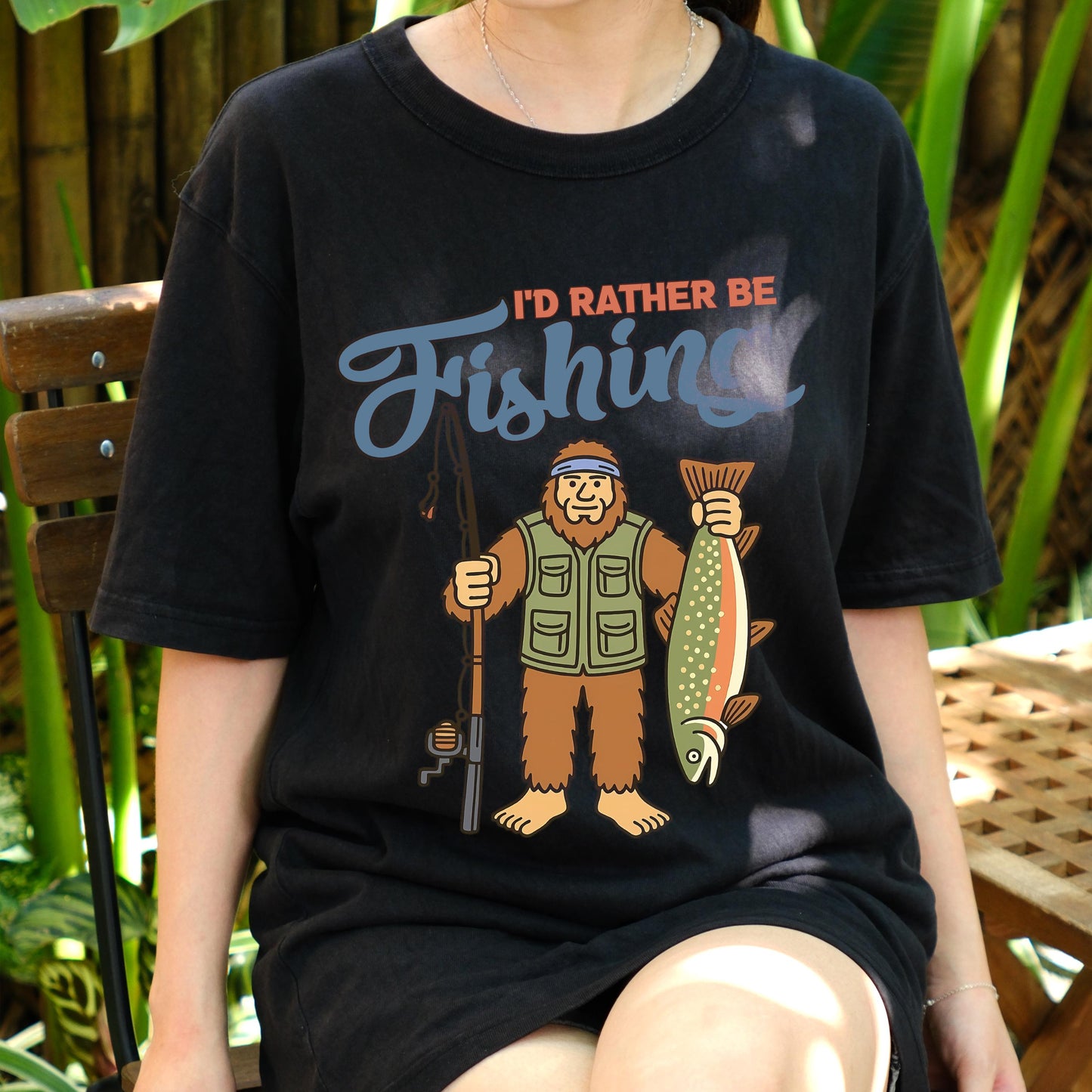 I'd Rather Be Fishing Bigfoot Shirt, Funny Fisherman Tee for Men, Sasquatch Holding Fish Graphic T-shirt, Outdoors Lake Fishing Gift