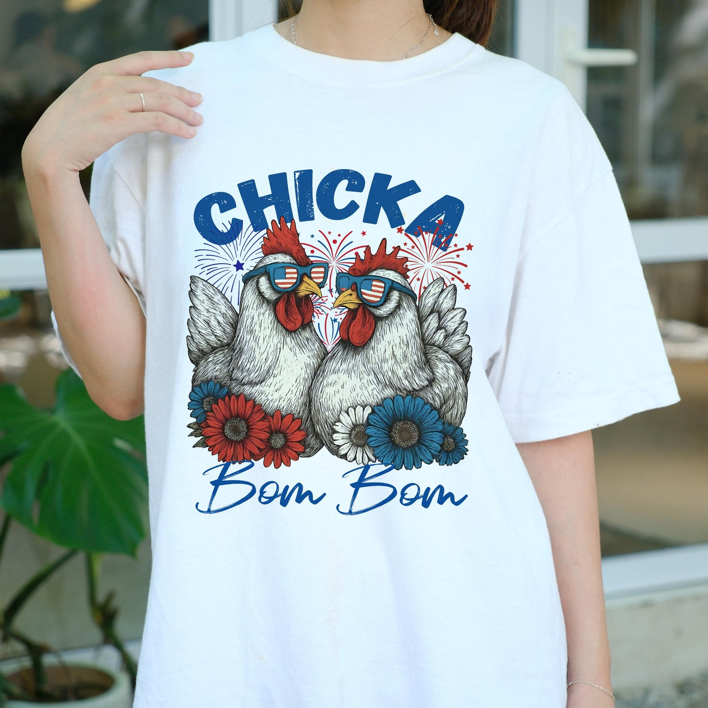 Chicka Bom Bom Chicken Shirt, Patriotic Chicken 4th of July Tee, Funny Farm Animal T-Shirt, USA Celebration Graphic Tee for Women Men