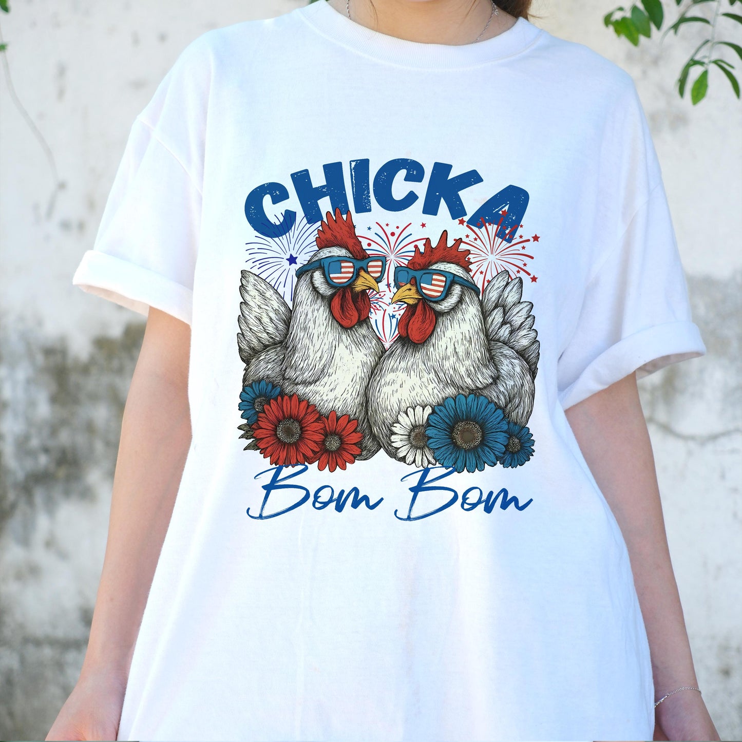 Chicka Bom Bom Chicken Shirt, Patriotic Chicken 4th of July Tee, Funny Farm Animal T-Shirt, USA Celebration Graphic Tee for Women Men