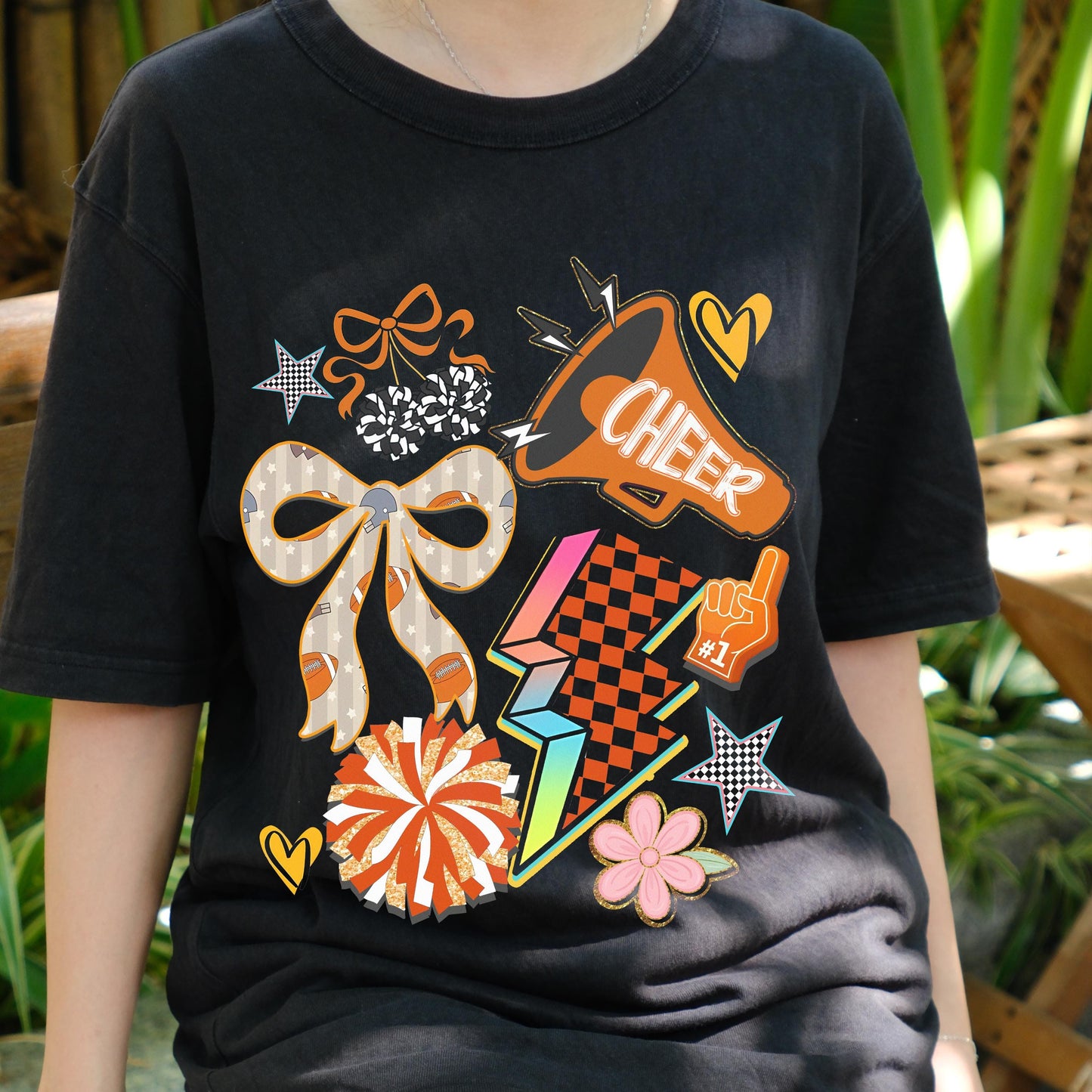 Retro Cheerleading Shirt, Cheer Squad Tee, Cheerleader Graphic T-Shirt, Game Day Spirit Wear, Pom Pom Bow Megaphone Top
