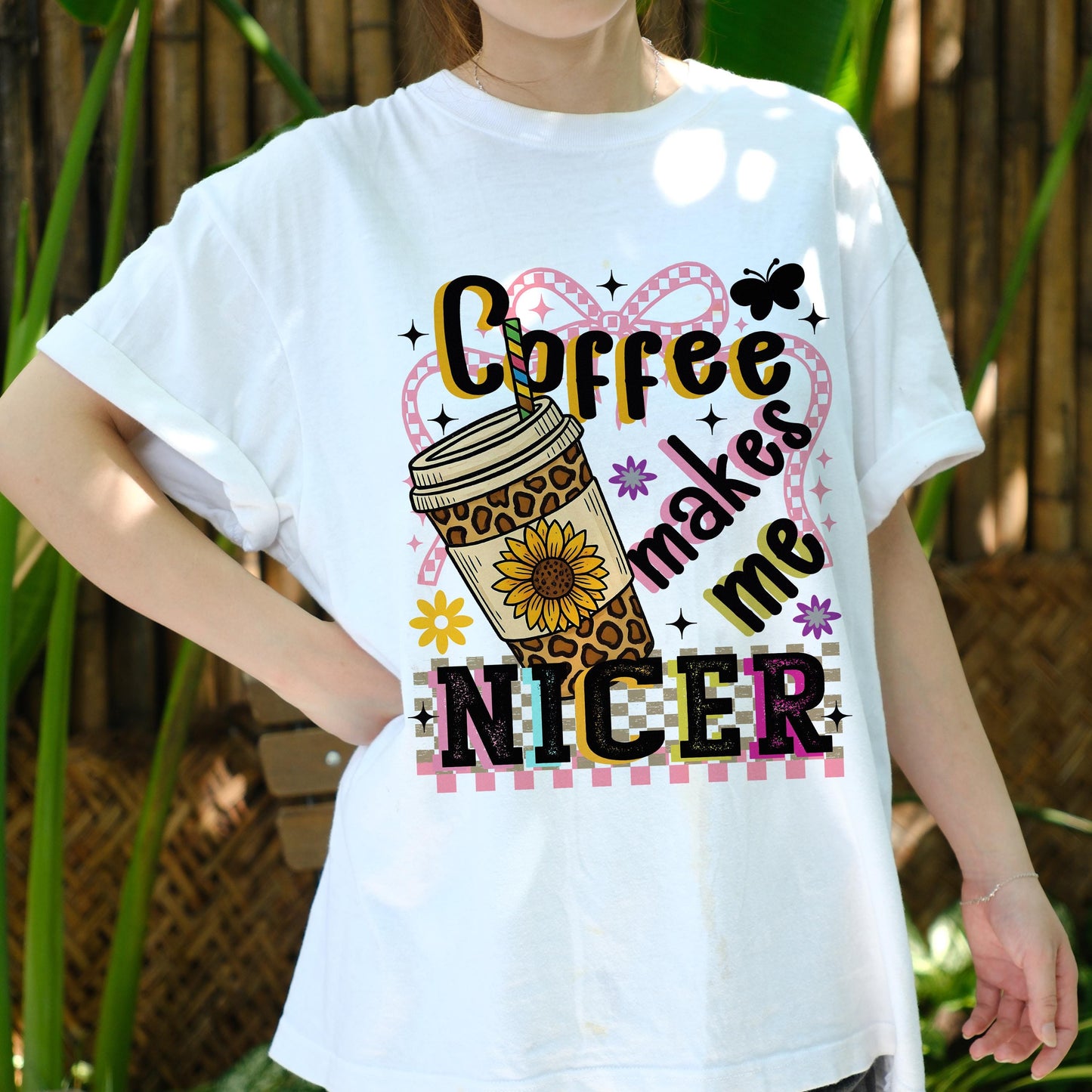 Coffee Makes Me Nicer Shirt, Funny Coffee Lover Tee, Sunflower Leopard Print Shirt, Cute Barista Graphic T-Shirt, Caffeine Tee