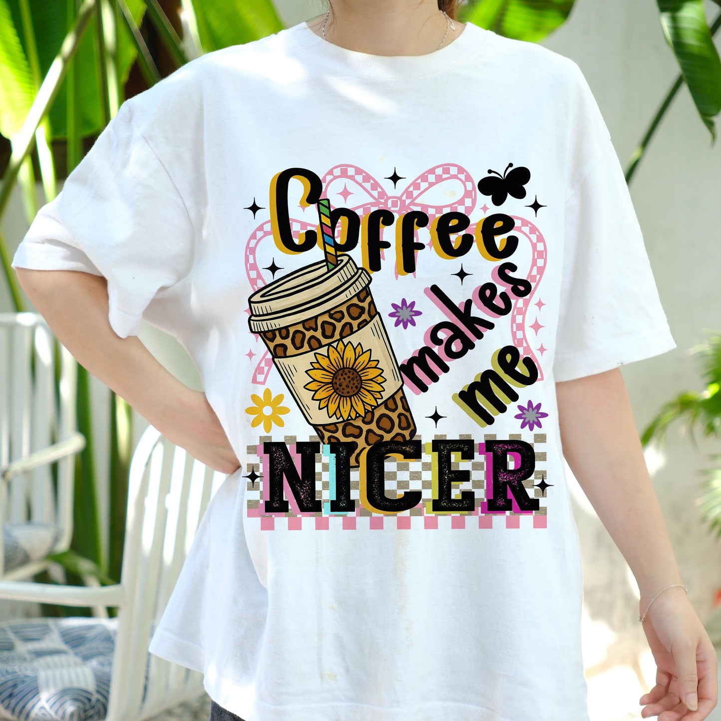 Coffee Makes Me Nicer Shirt, Funny Coffee Lover Tee, Sunflower Leopard Print Shirt, Cute Barista Graphic T-Shirt, Caffeine Tee