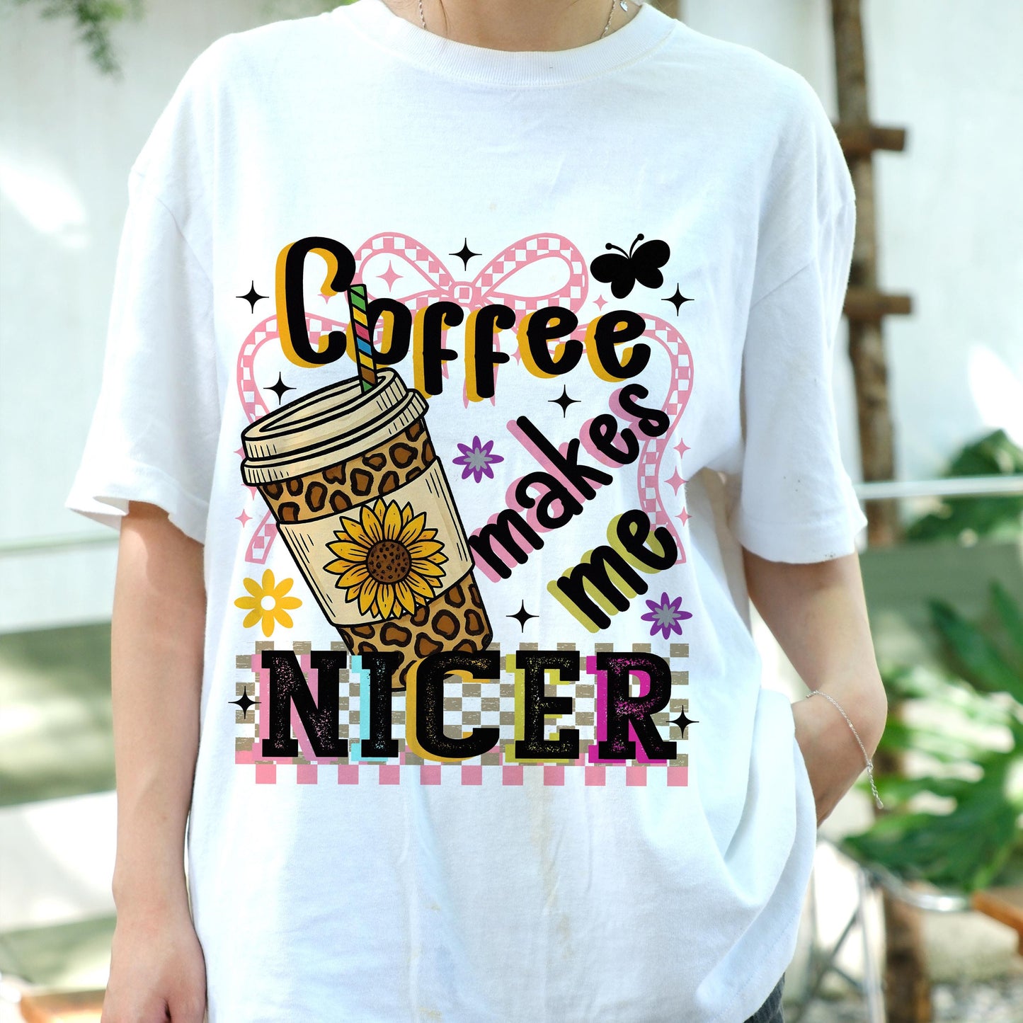 Coffee Makes Me Nicer Shirt, Funny Coffee Lover Tee, Sunflower Leopard Print Shirt, Cute Barista Graphic T-Shirt, Caffeine Tee