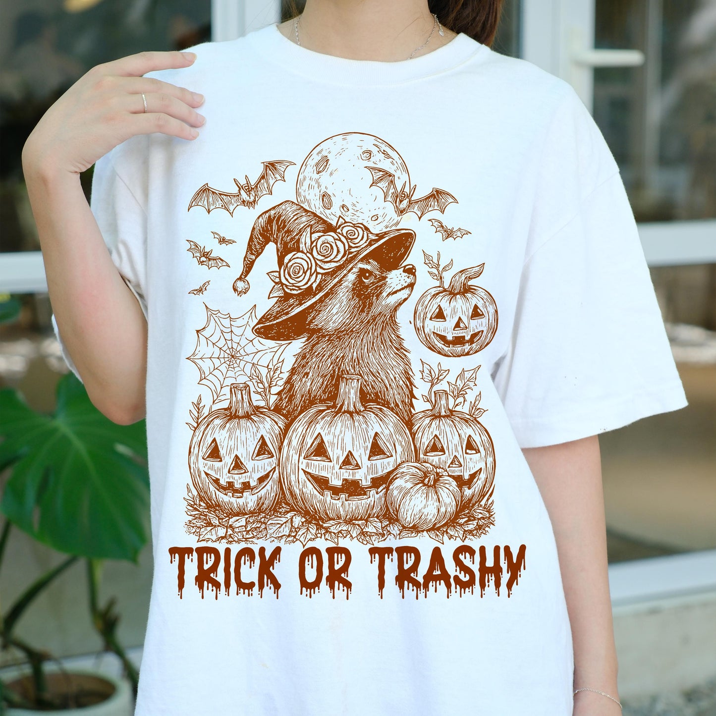 Trick or Trashy Raccoon Halloween Shirt, Funny Witch Pumpkin Tee, Spooky Trash Panda T-Shirt, Cute Fall Costume Party Gift Top