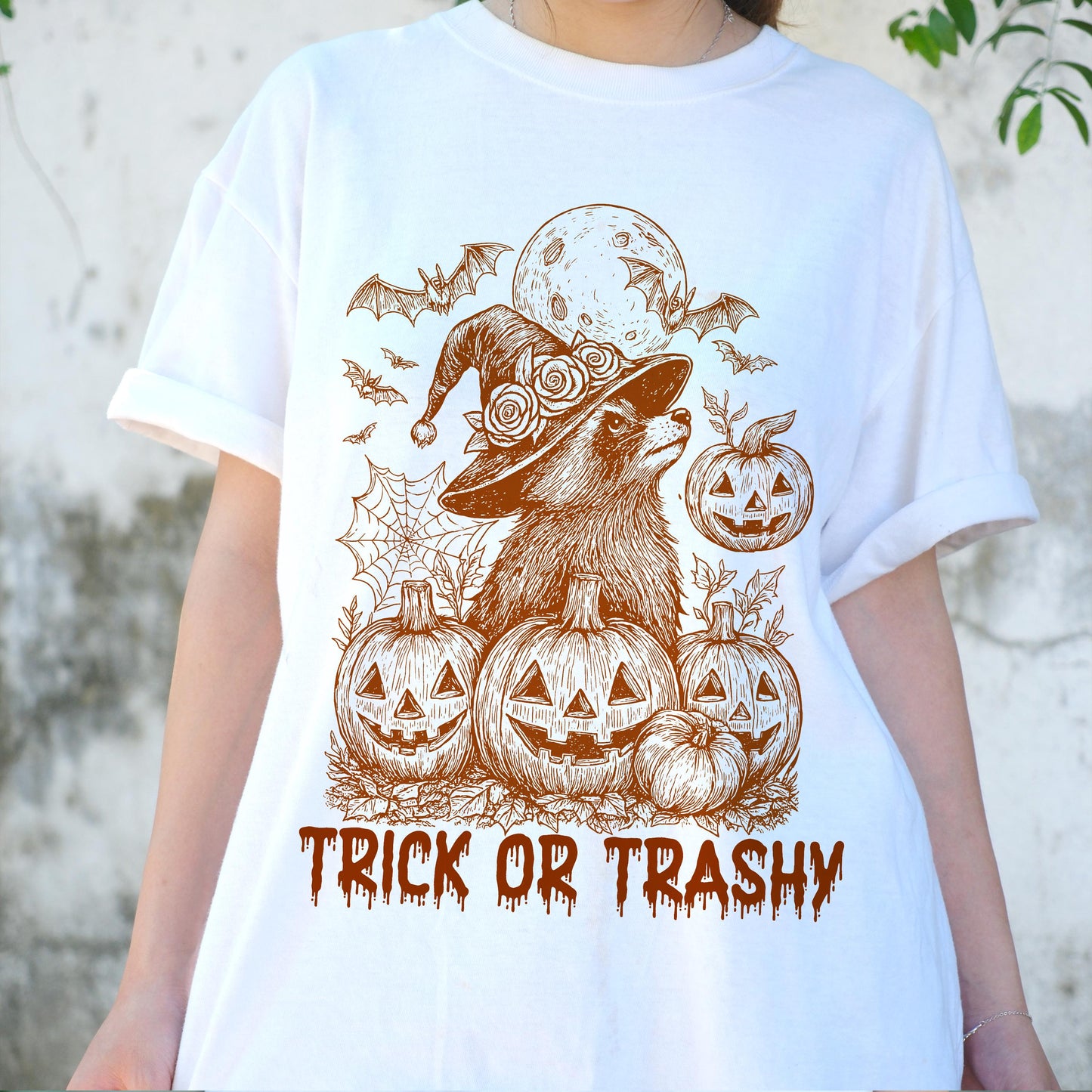 Trick or Trashy Raccoon Halloween Shirt, Funny Witch Pumpkin Tee, Spooky Trash Panda T-Shirt, Cute Fall Costume Party Gift Top