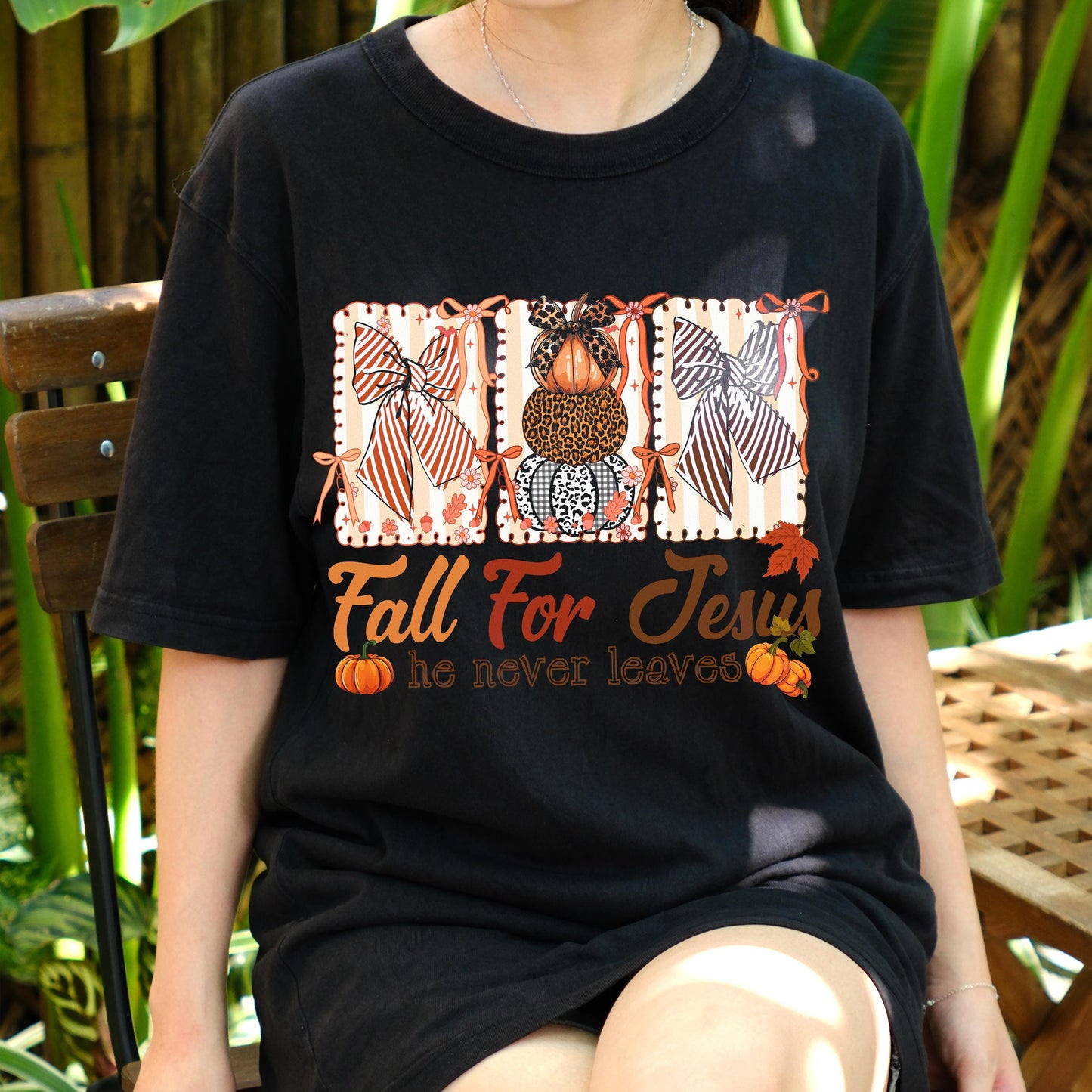 Fall For Jesus Shirt, Christian Pumpkin Tee, Faith Autumn T-Shirt, Religious Fall Graphic Tee, He Never Leaves, Church Outfit