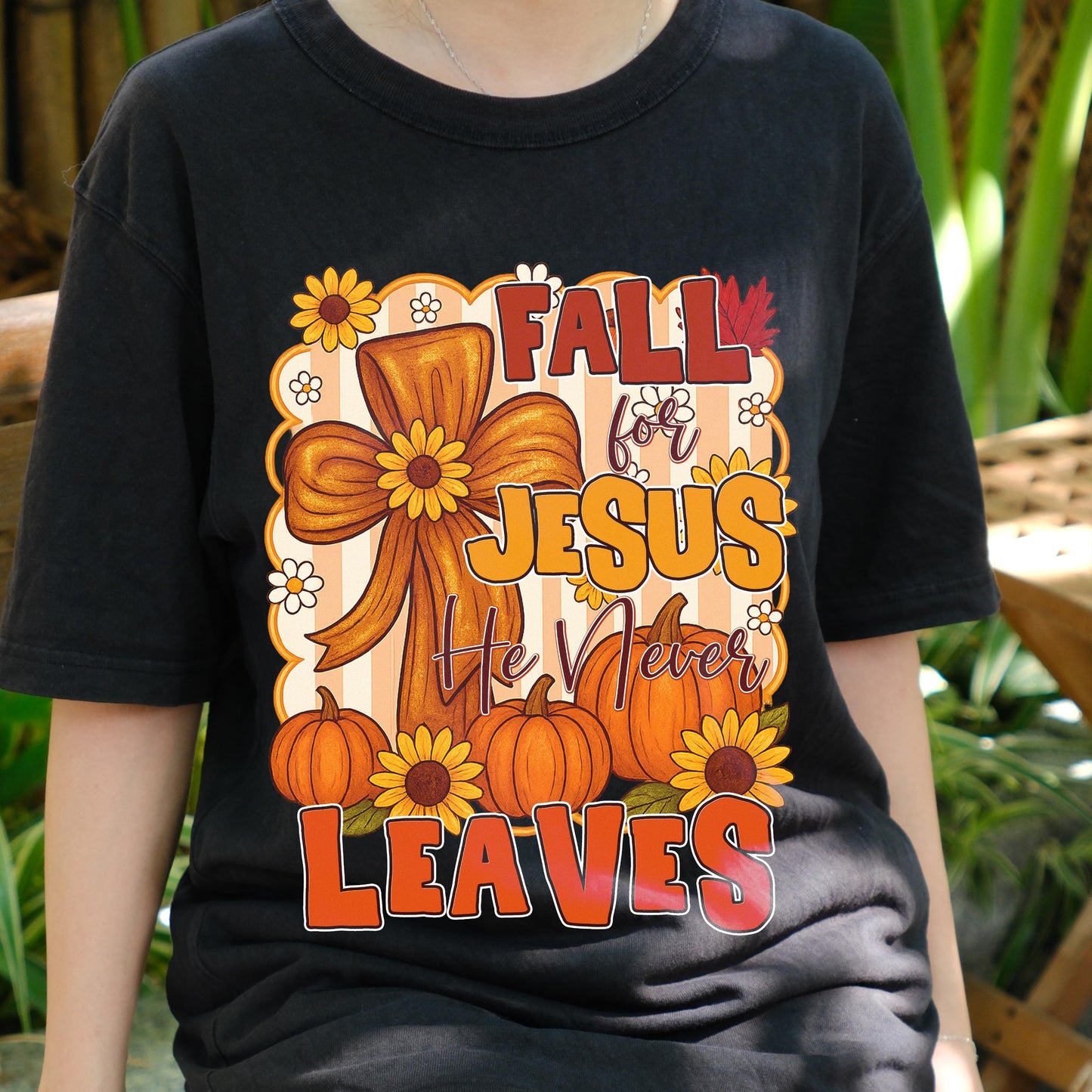 Fall For Jesus Shirt, He Never Leaves Tee, Christian Pumpkin T-Shirt, Faith Autumn Top, Religious Fall Graphic Tee, Church Outfit