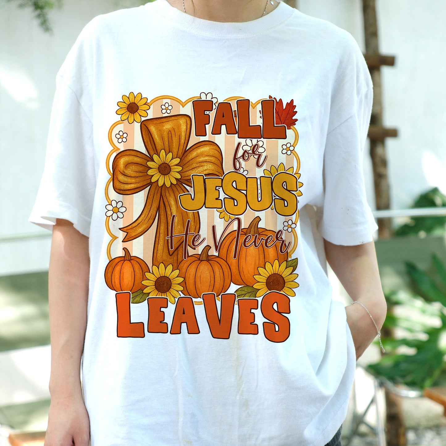 Fall For Jesus Shirt, He Never Leaves Tee, Christian Pumpkin T-Shirt, Faith Autumn Top, Religious Fall Graphic Tee, Church Outfit