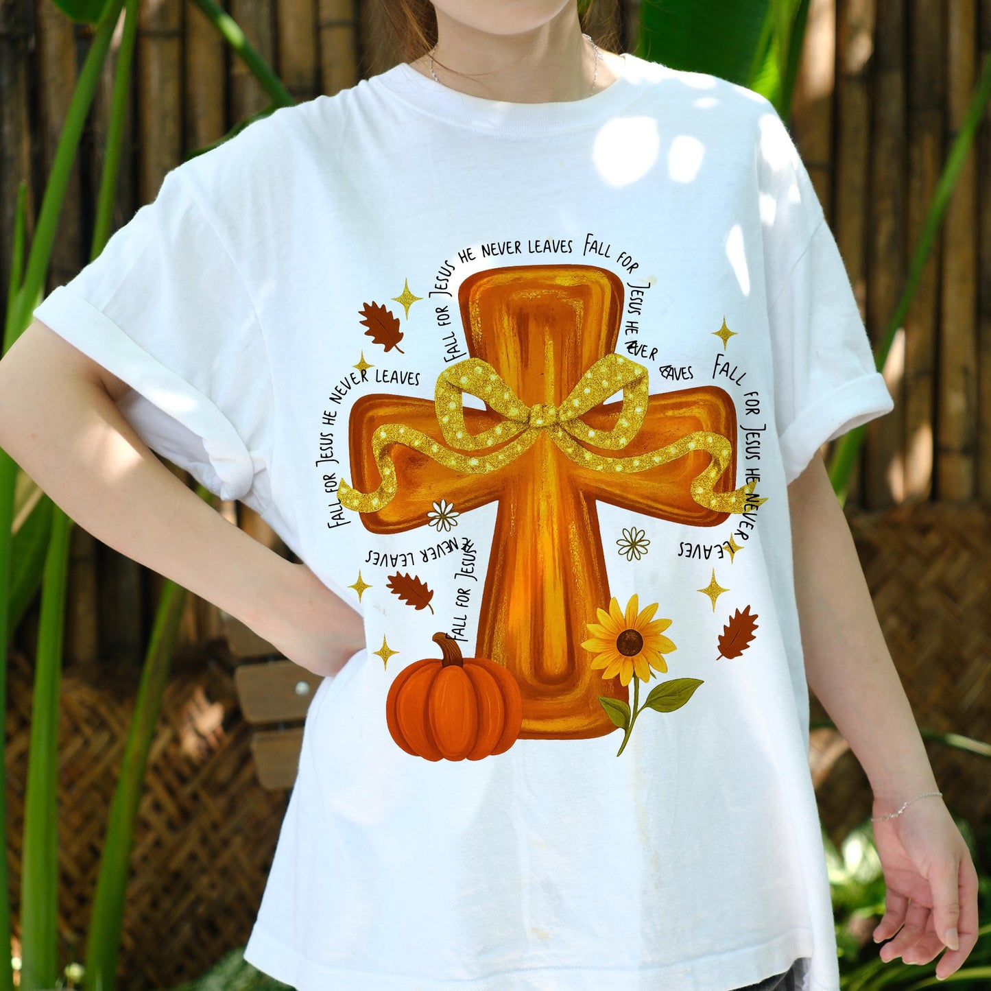Fall For Jesus Shirt, He Never Leaves Tee, Christian Cross Pumpkin T-Shirt, Autumn Faith Top, Religious Fall Graphic Tee