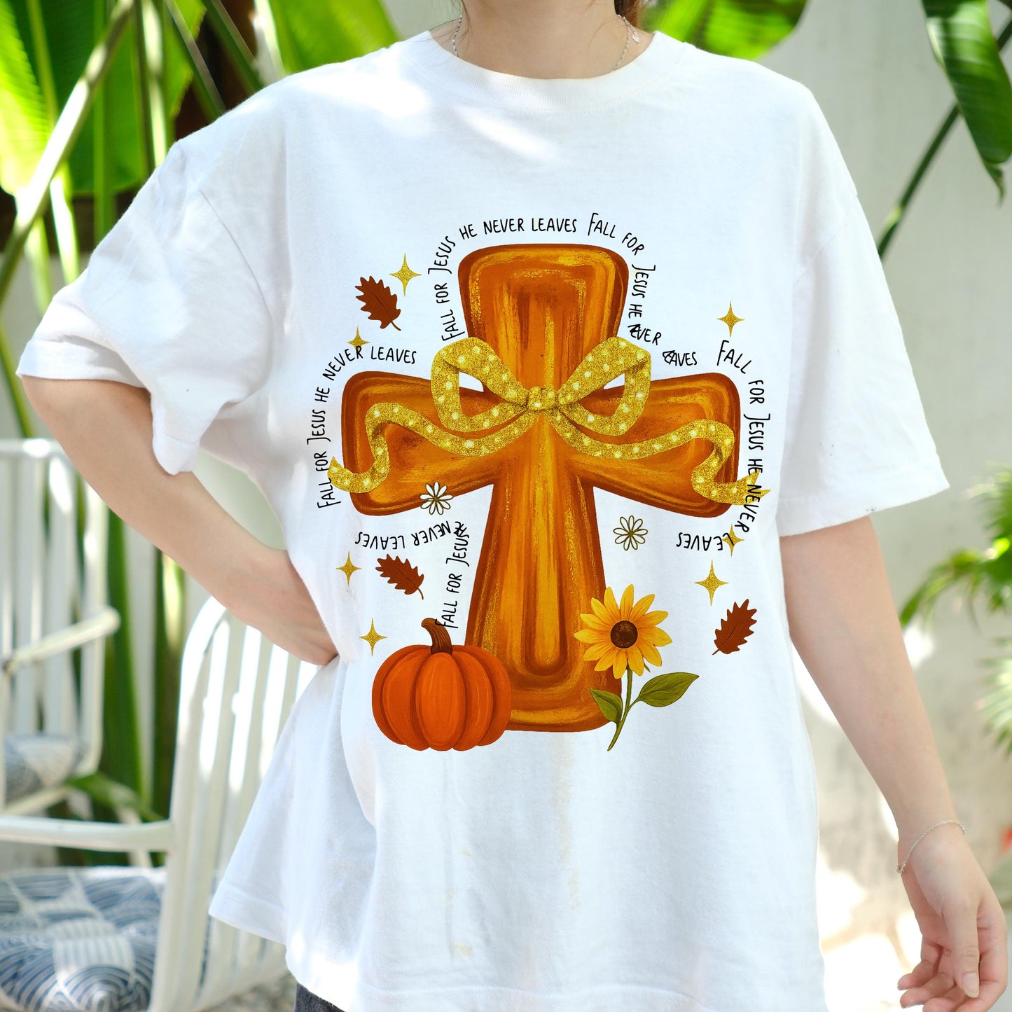Fall For Jesus Shirt, He Never Leaves Tee, Christian Cross Pumpkin T-Shirt, Autumn Faith Top, Religious Fall Graphic Tee